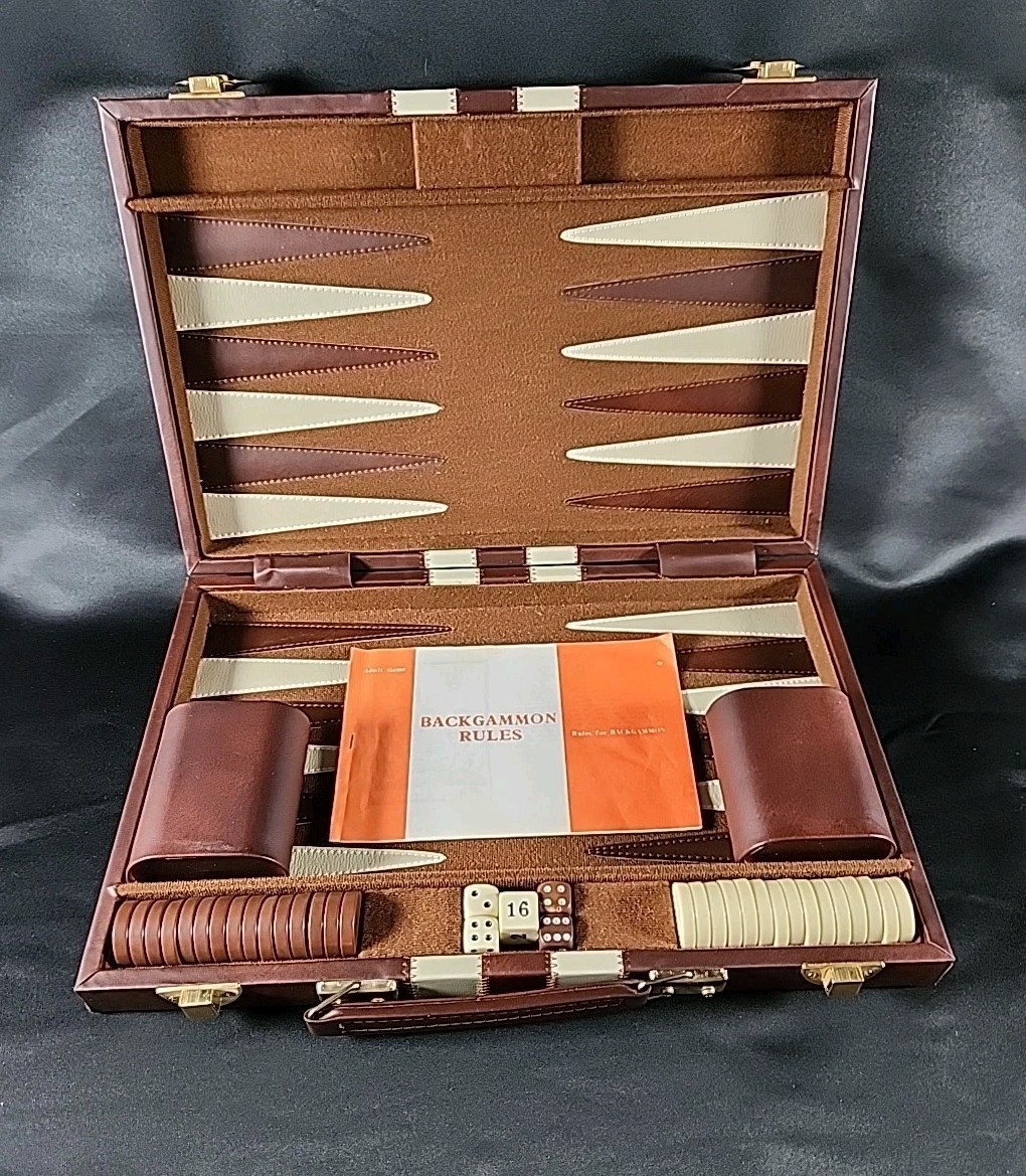 Vintage Backgammon Set Travel Case Leatherette Complete w Dice Cups 1950s 60s