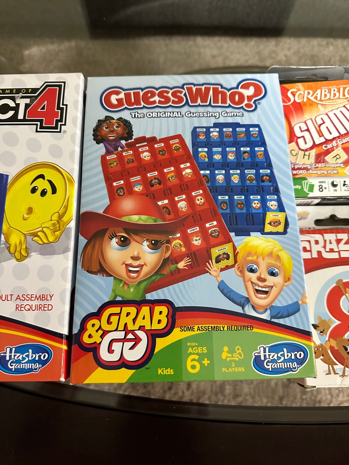 6 CARD & CHIP GAMES Connect 4, Guess Who, Scrabble Slam, Crazy 8’s, Uno, Spot It