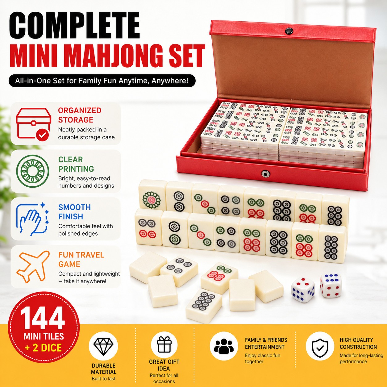 Travel Mini Mahjong Set 144 Tiles 2 Dice Red Carry Case Family Tabletop Game Toy