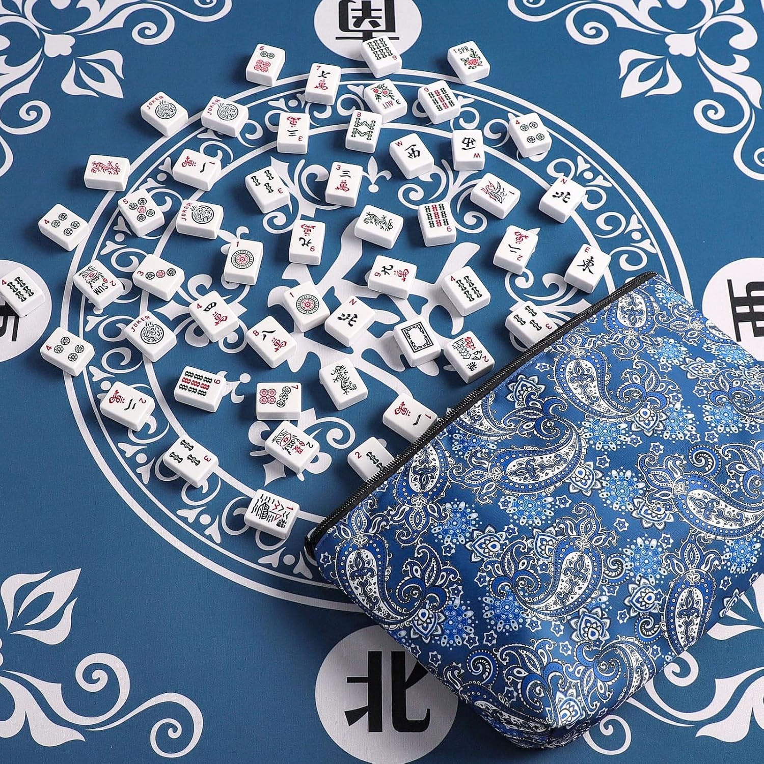 Versatile Mahjong Tiles Bag – Thickened Blue Case for Travelers and Gatherings