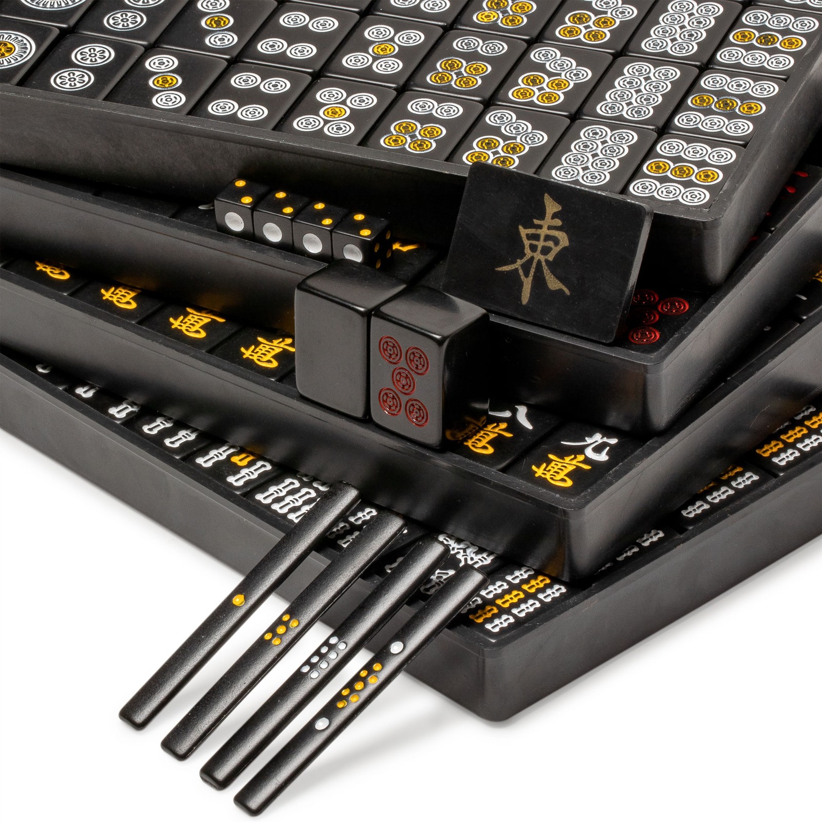 Japanese Riichi Mahjong Set with Black Standard Size Tiles and Black Vinyl Case