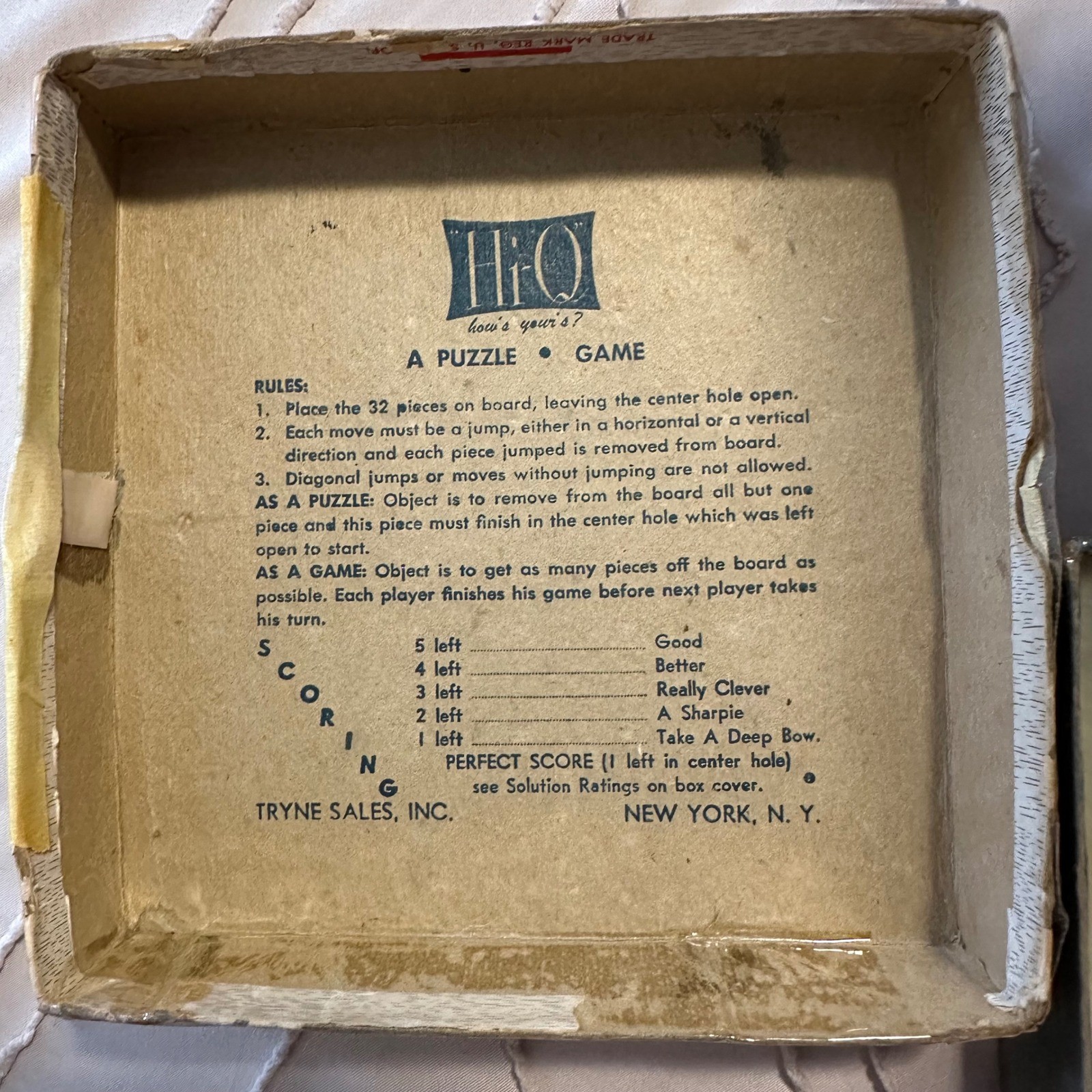 Vintage Hi-Q Puzzle Game Tryne Sales Inc Red Peg Solitaire Board Game 1950s