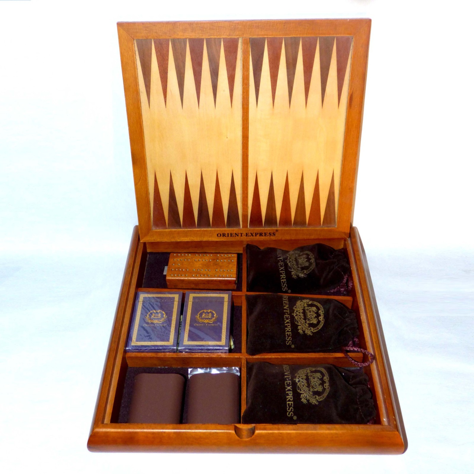 Orient Express Luxury Wood Game Set Chess Backgammon Dominoes Cards Complete