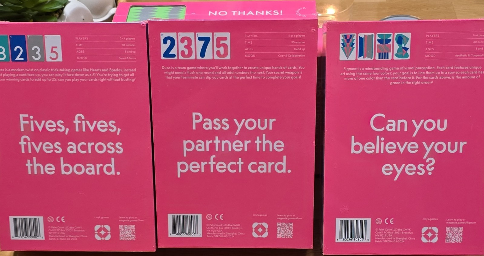 Magenta Card Game Set: Fives, Duos, Figment, Fruit Fight, No Thanks!, I’m Out