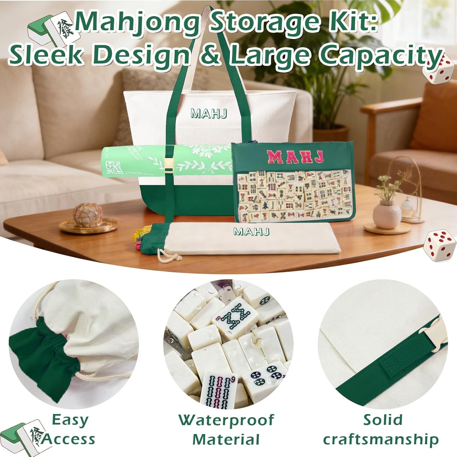 Empty Mahjong Tile Bags Set for American Tiles and Racks Canvas Tote Bag with Ma