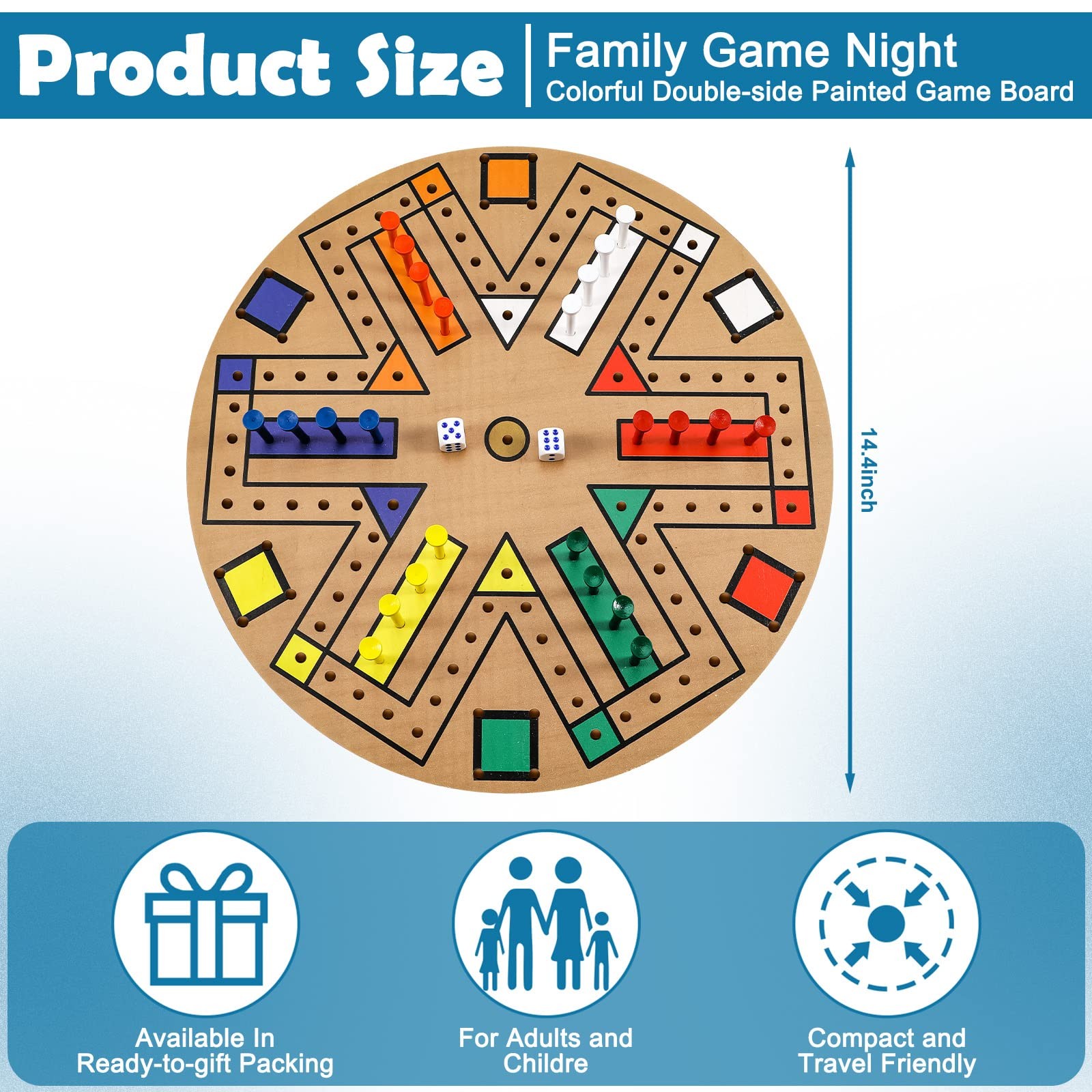 Fast Track Wooden Board Game 3–6 Players 14.2in 24 Pegs 2 Dice Family Game Night