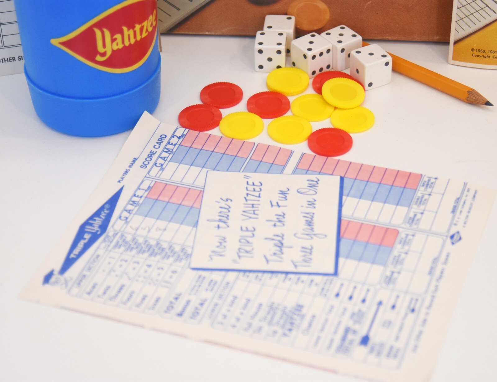 Vintage Yahtzee Light Blue Shaker Cup, Dice, Chips, Instructions And Score Cards