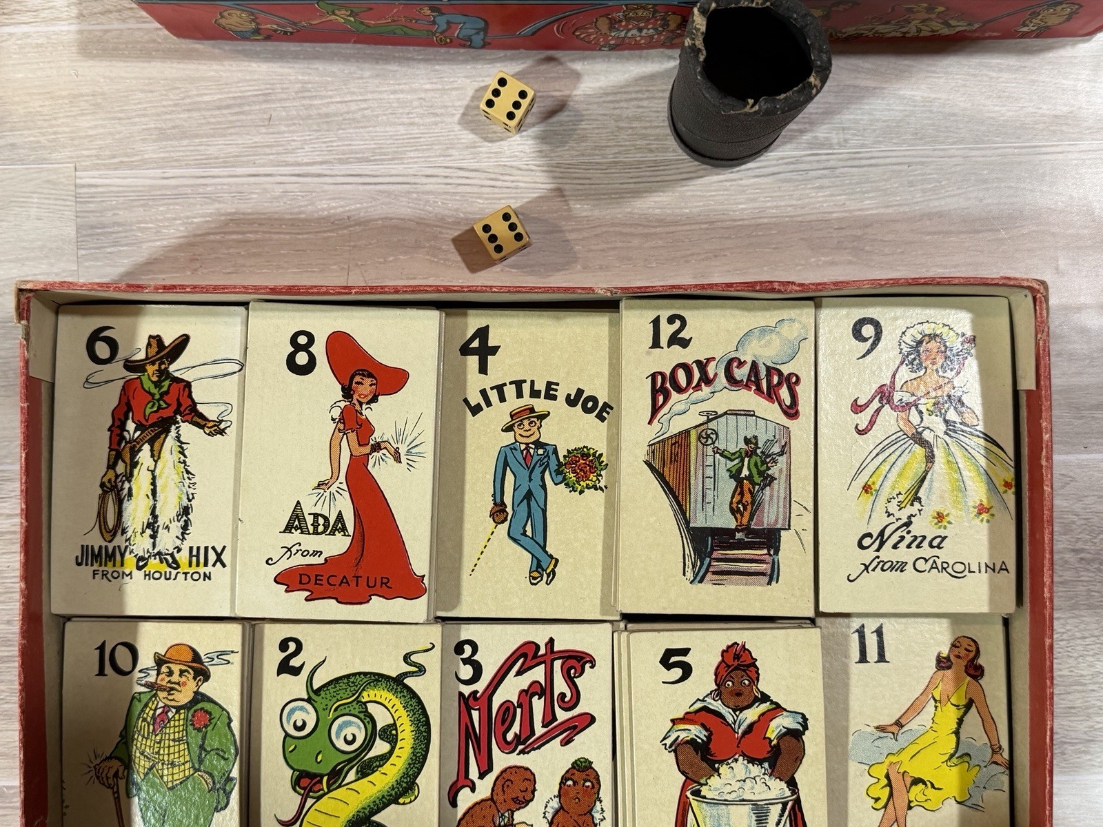 Vintage”Snake Eyes” card and dice game from the 1930s, by Selchow & Righter Co.