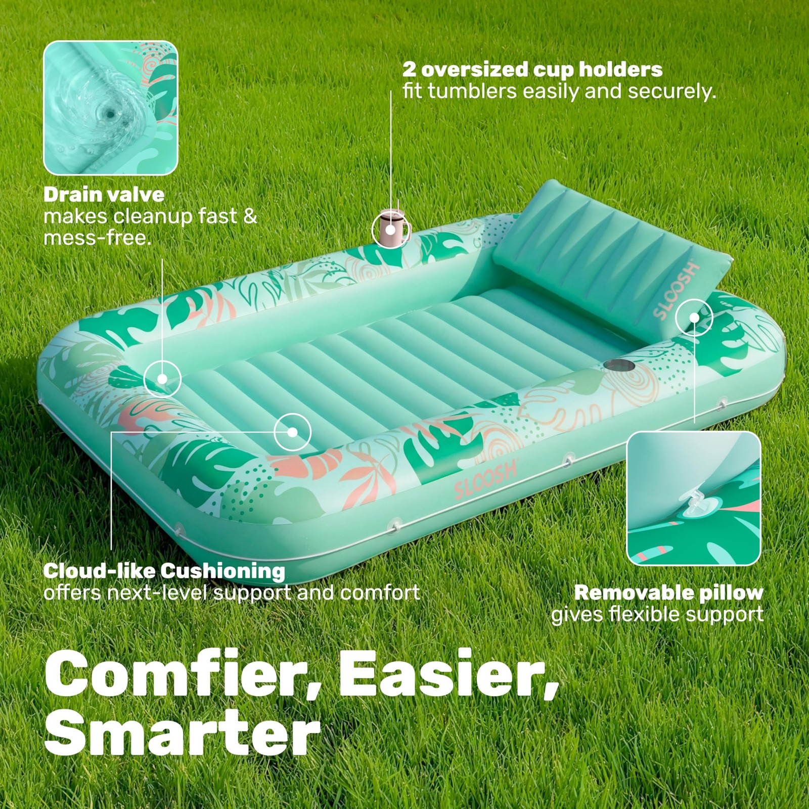 Pool Float Lounger 70 x 46 Inflatable Suntan Tub Large Aqua Blue SLOOSH Tanning