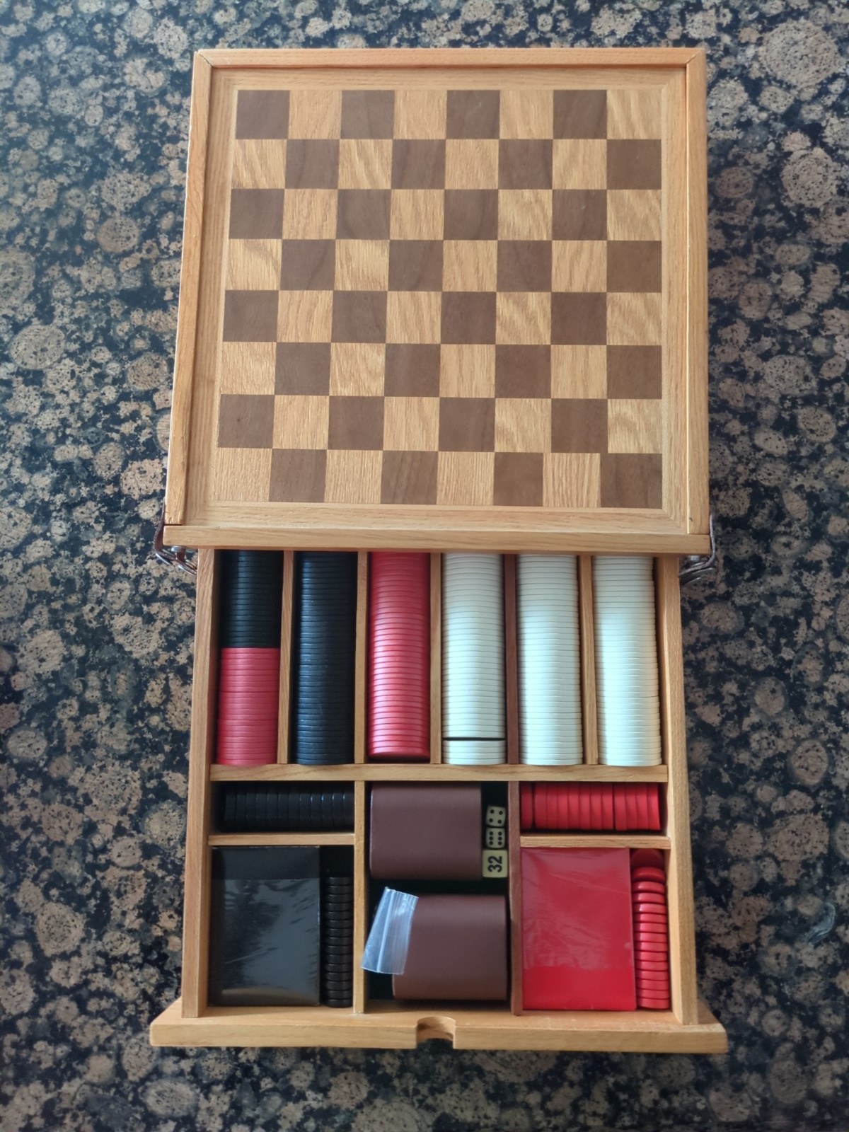 Wood Flip Game Board Set, Checkers, Backgammon, Dice, Poker Chips Cards Dice