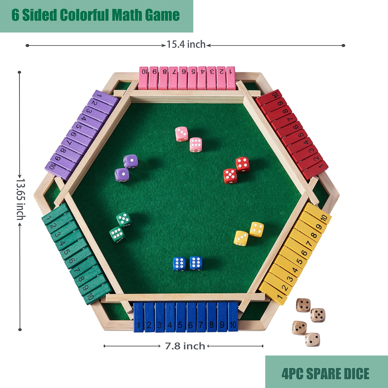 Shut The Box Game for 6 Player with 12+4 Dice – Colorful 6 Sided Wooden Board…