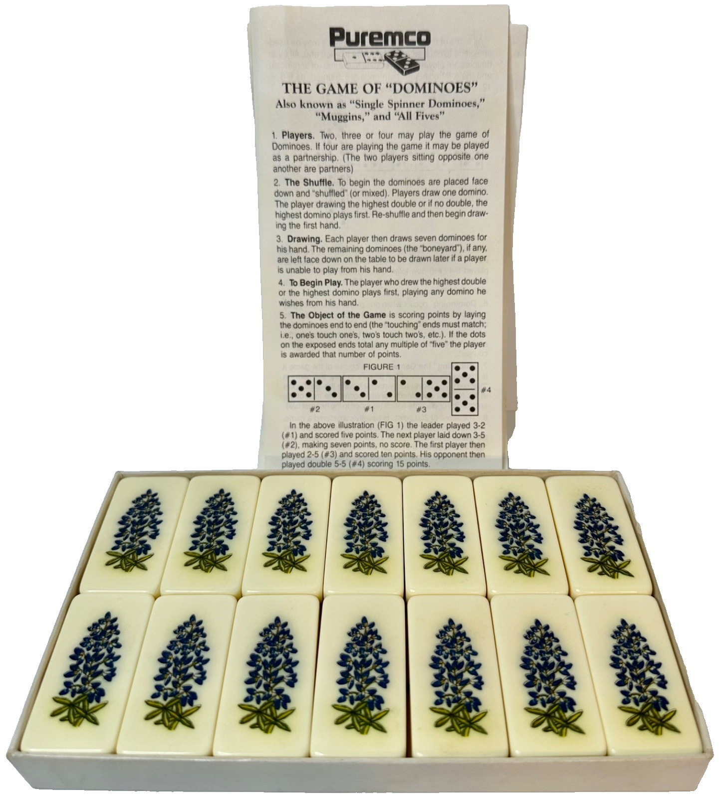 VTG Puremco Dominoes Texas Bluebonnets w Original Box #616 Marblelike Standard