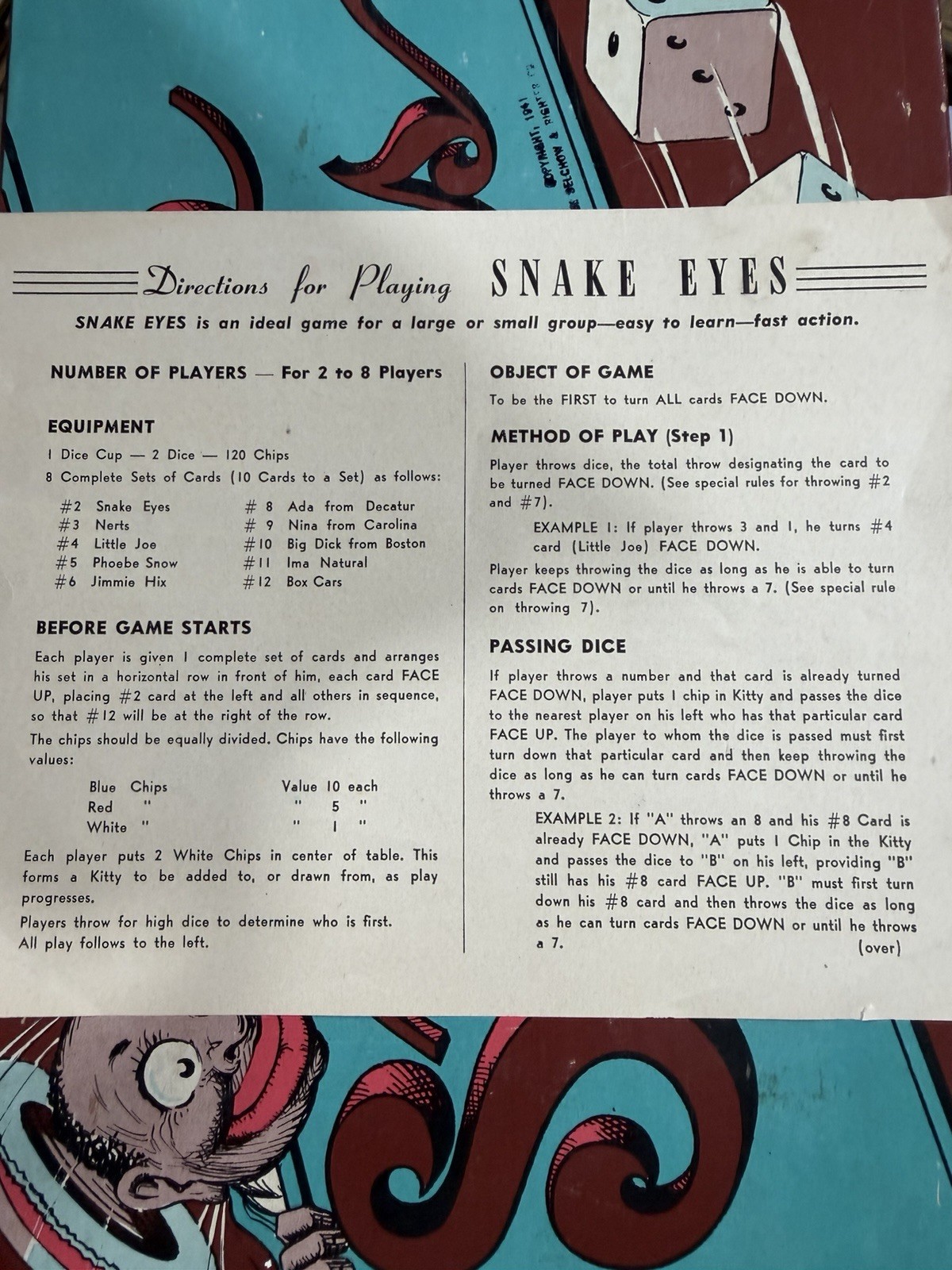 “Snake Eyes” Dice Game (Selchow & Righter) Game No. 27, from the 1941