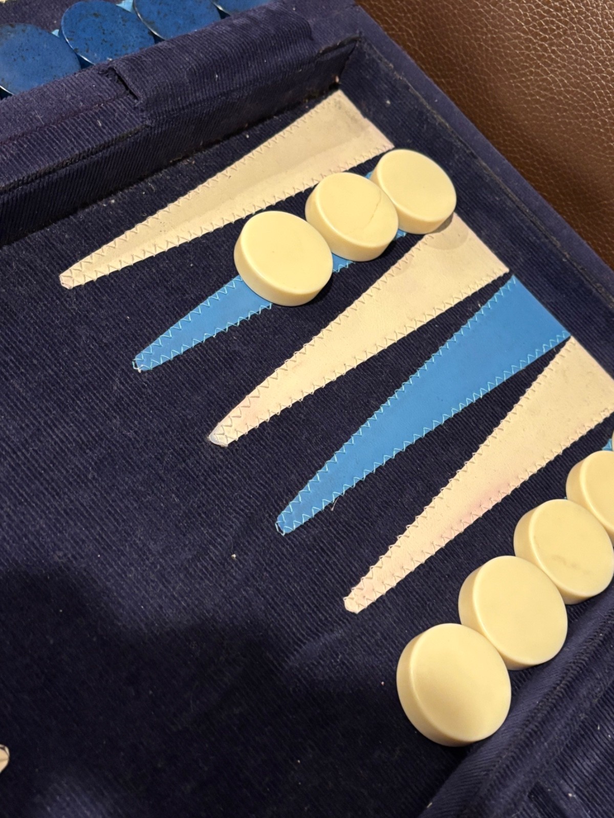 Vintage Backgammon Blue Corduroy Case Blue Black Speck + Cream Checkers