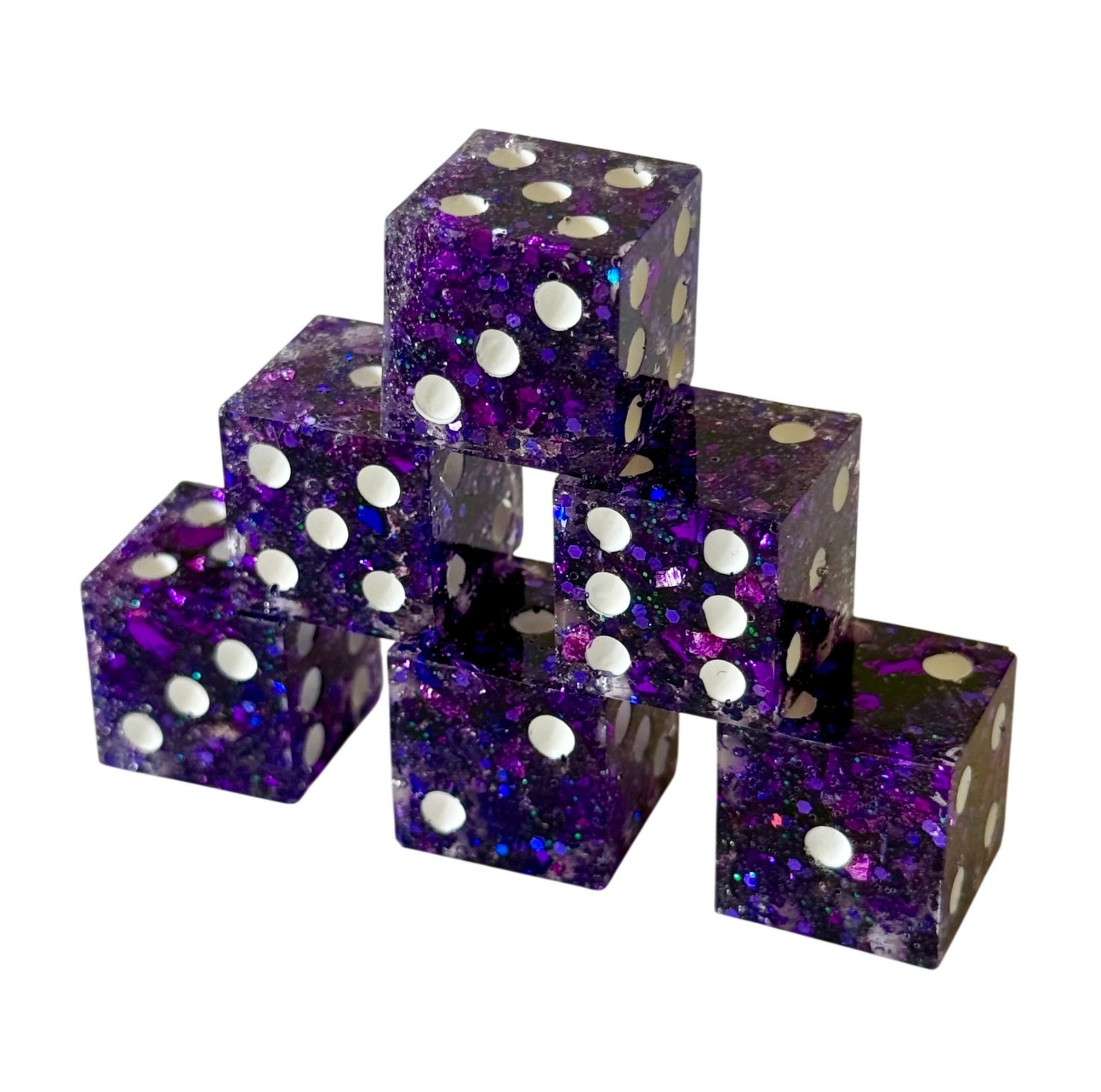 Resin Dice Set 6pcs – Violet Galaxy Glitter – Handmade Replacement Dice Games