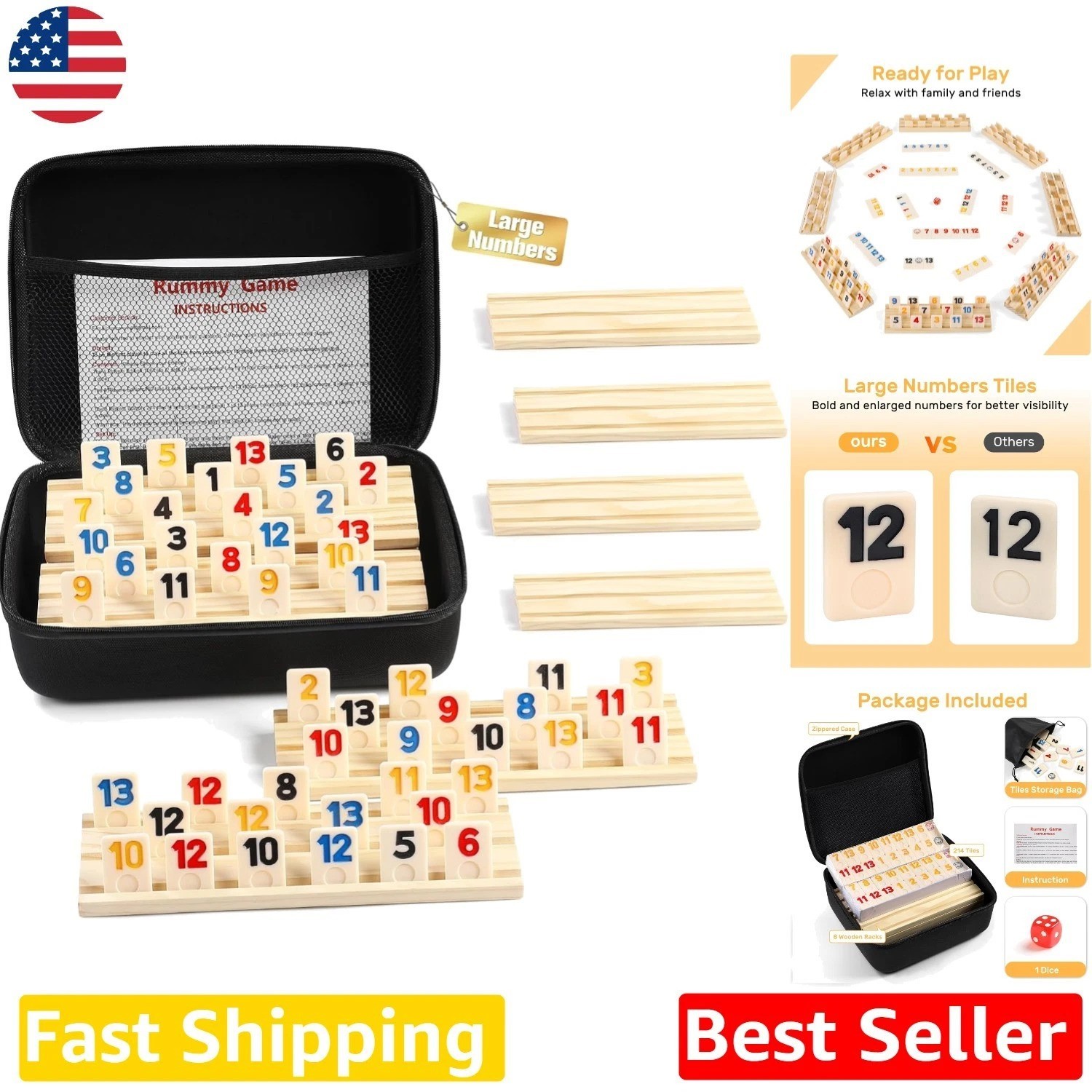 Rummy Cube 8 Player Set – 214 Large Tiles, 8 Wooden Racks, Zipper Case