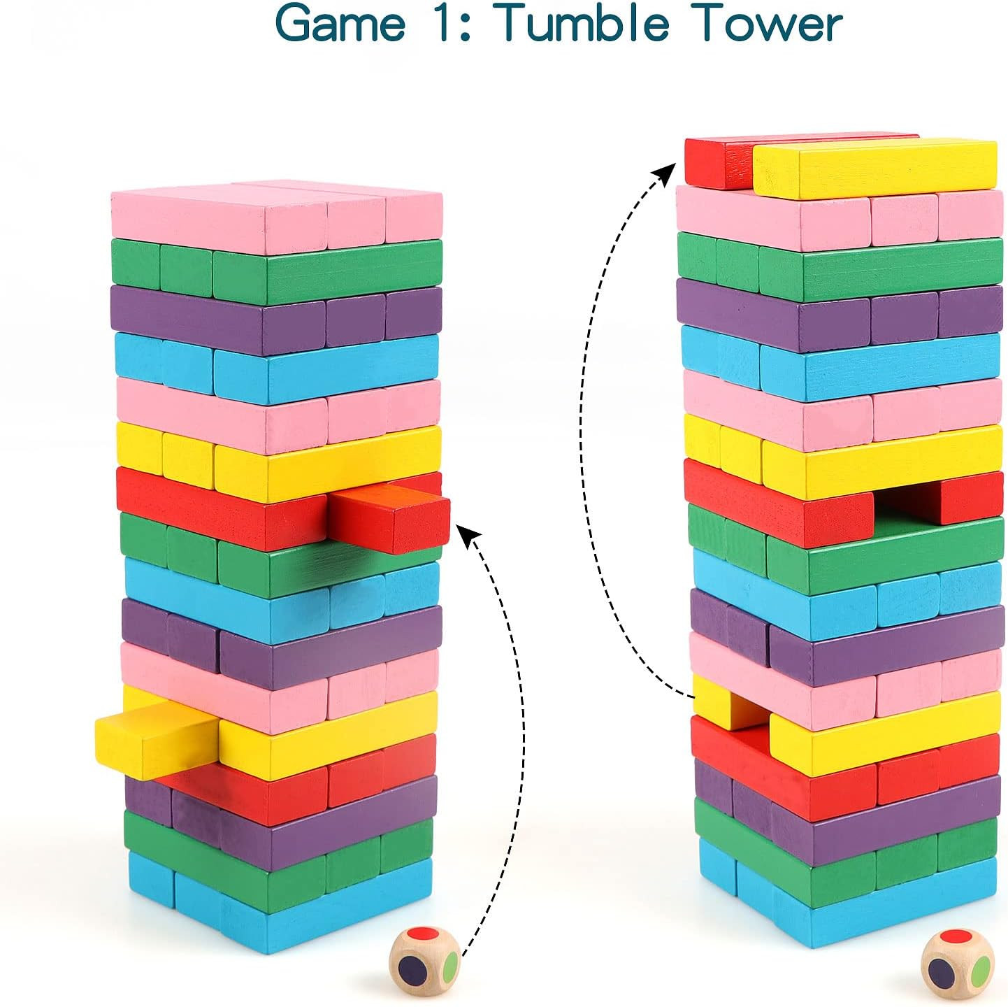 48PCS Wooden Stacking Blocks Game with Storage Bag for Kids and Family