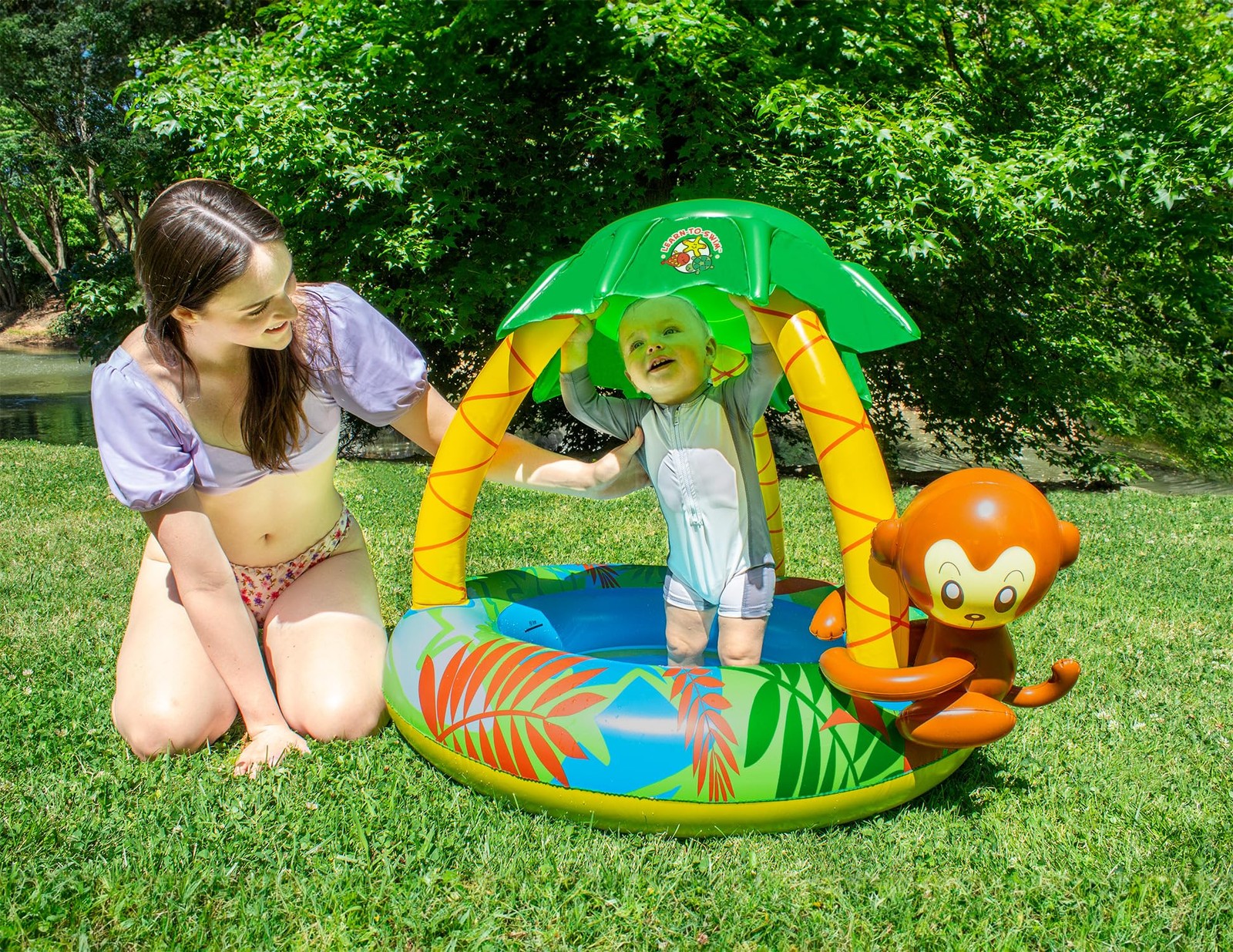 Inflatable Kiddie Pool Monkey Canopy Learn-to Swim Poolmaster 81610 Bananas