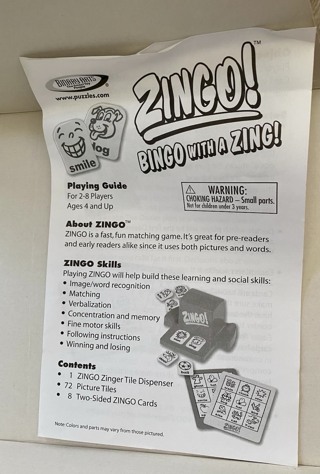 Vintage 2002 Binary Arts “ZINGO! BINGO with a ZING!” Game Ages 4+, 2-8 Players