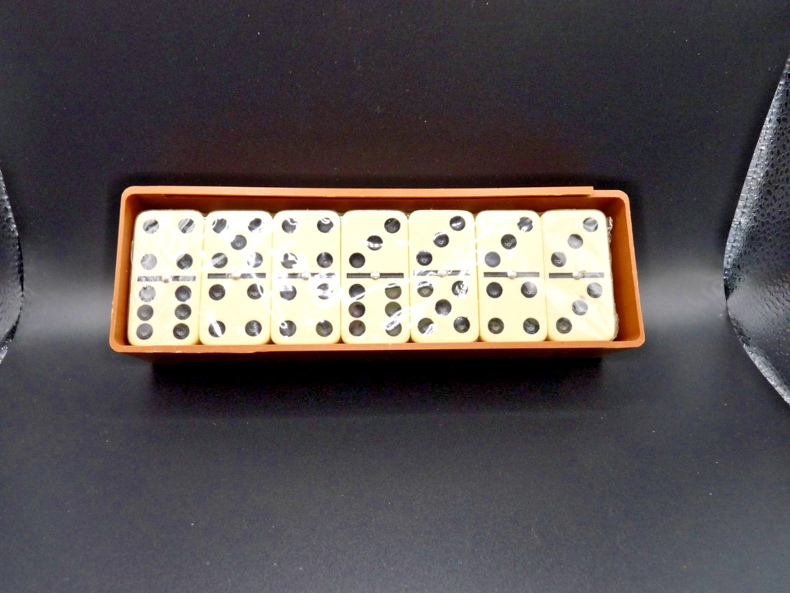 Vintage Double 6 Dominoes Set 28 Pieces With Brass Spinners & Wooden Case NOS
