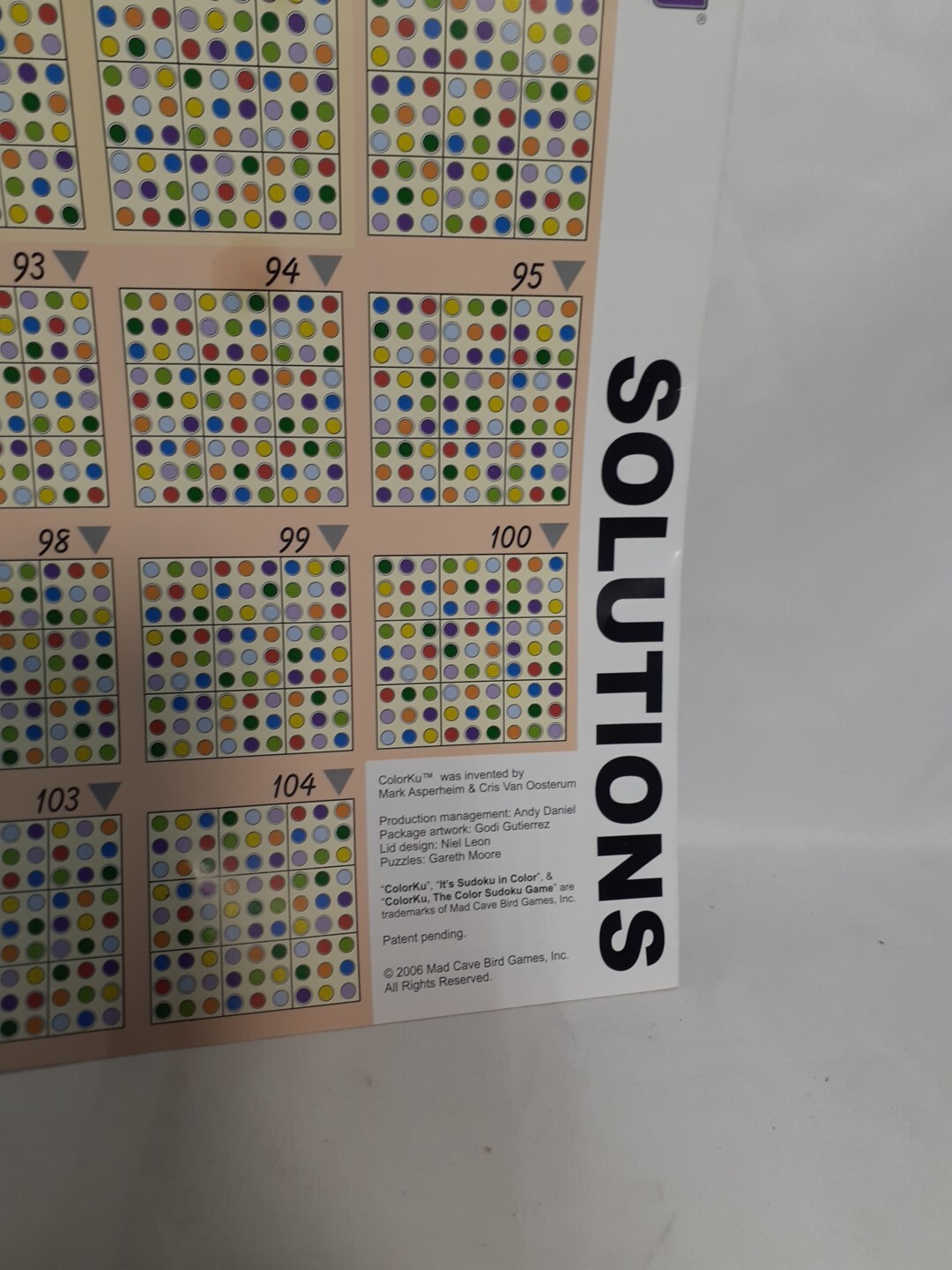 Colorku Replacement Part: Soluntion SHEET ONLY, Color Sudoku Puzzle,