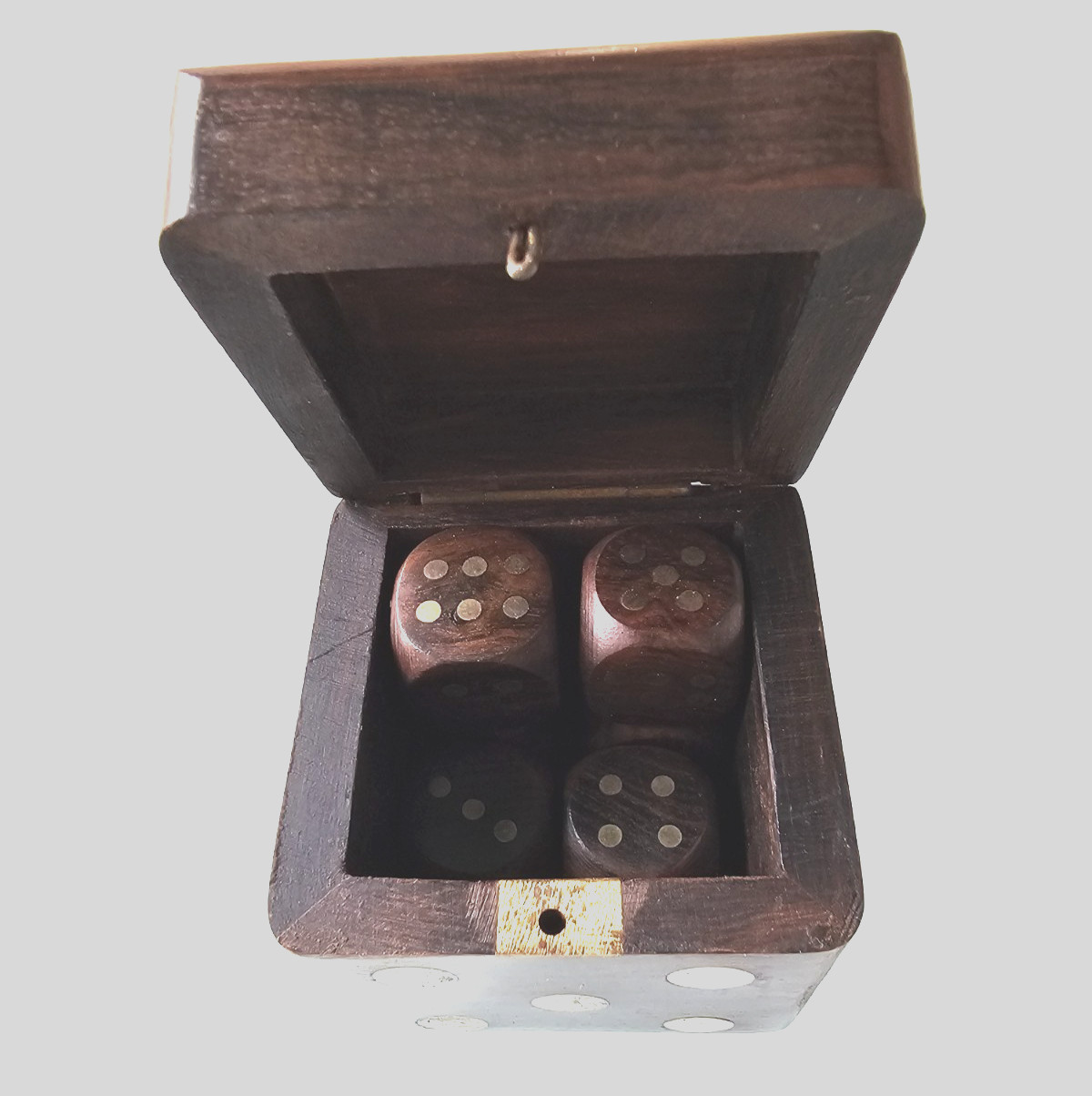 Set of 6 Wood Dice & Storage Box with inset brass decorative spots
