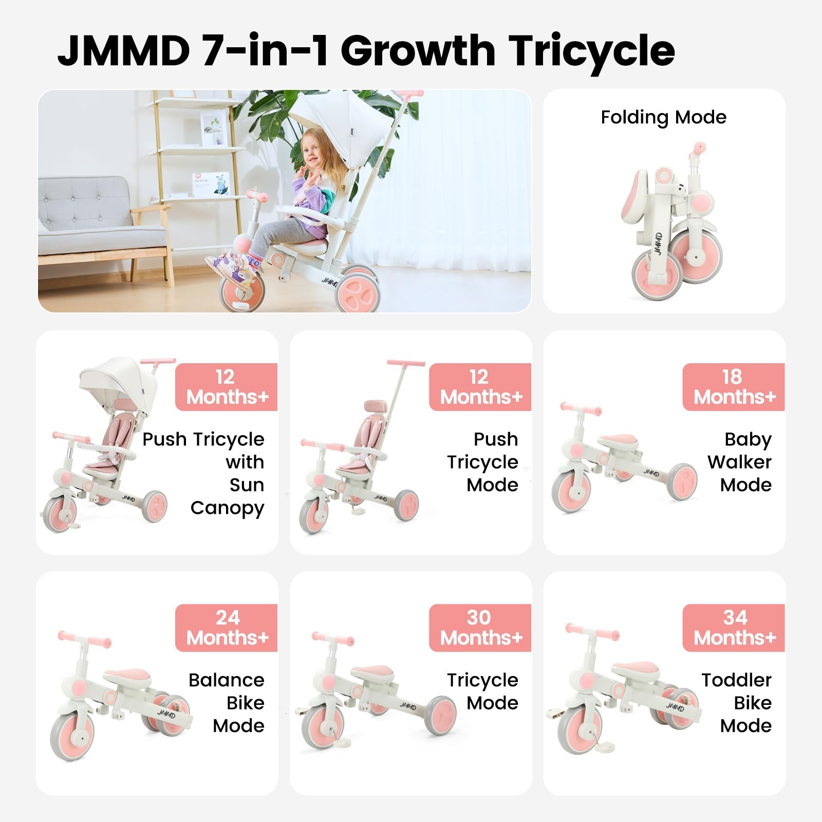 Toddler Tricycle 7-in-1 18 Months 5 Years Pink Baby Bike JMMD