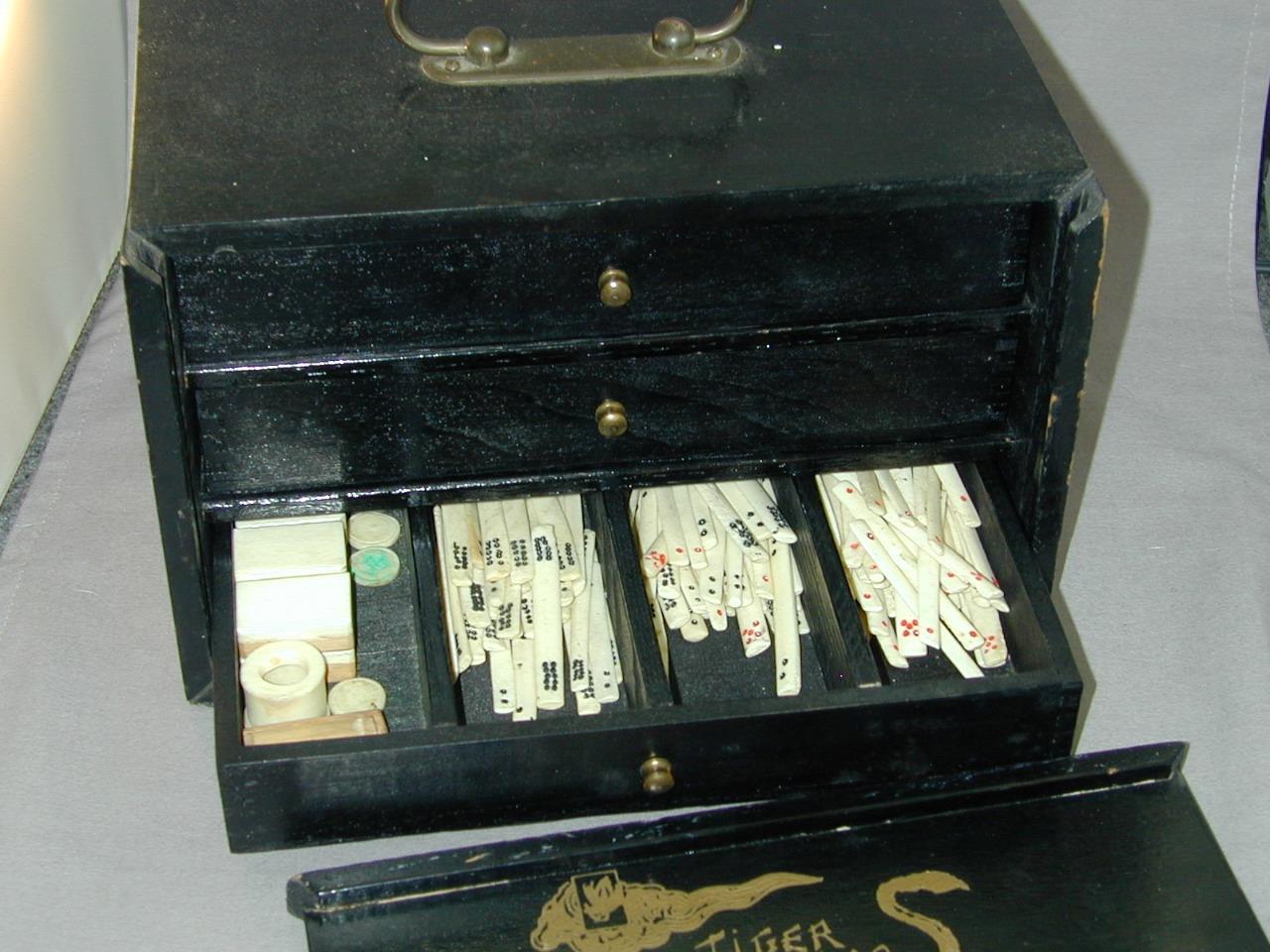 1920’s Bamboo Domestic Cow Bone Mahjong Set 148 Tiles Stick Discs Dice Jar Trays