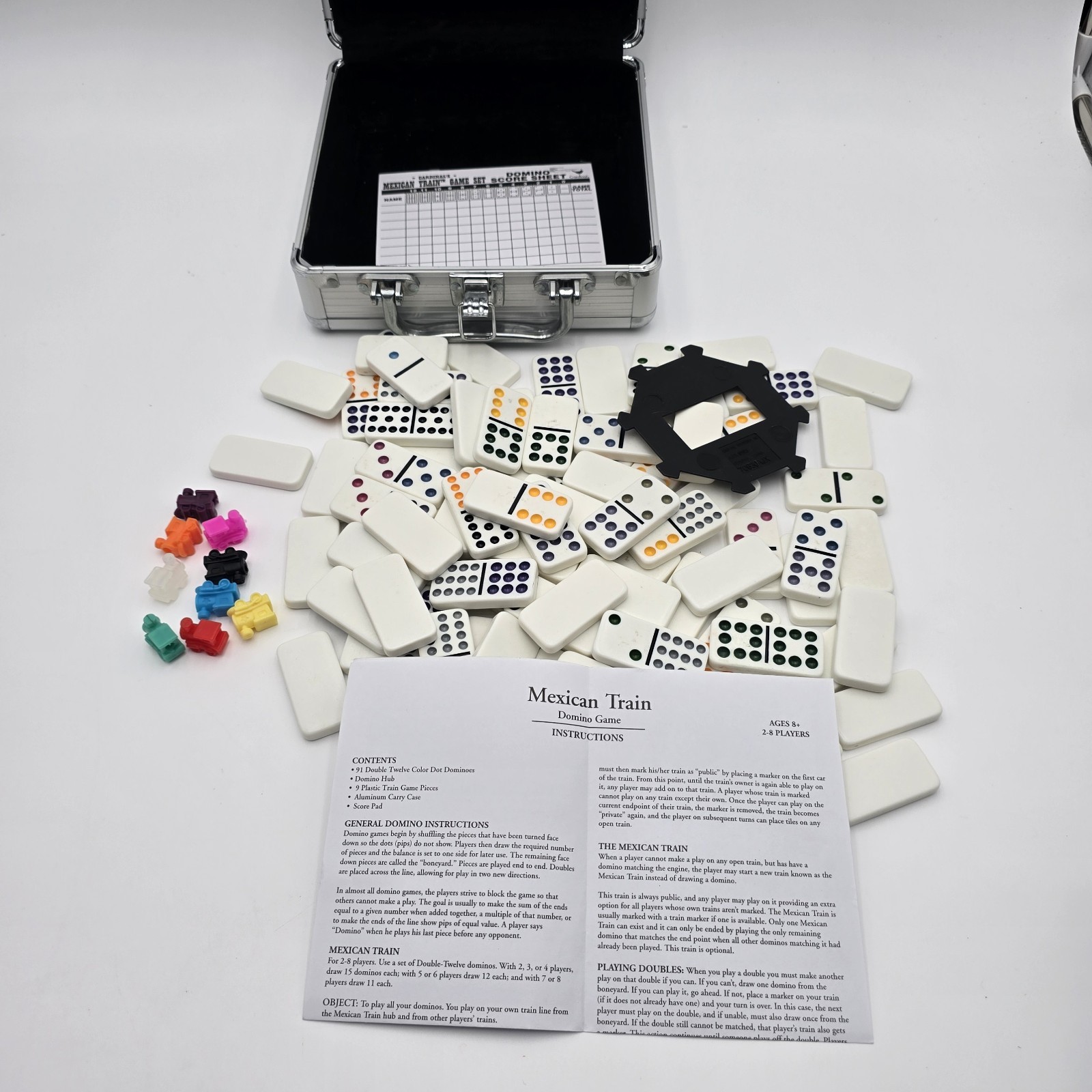 Cardinal Mexican Train Domino Game Set Score Sheets Metal Case Complete