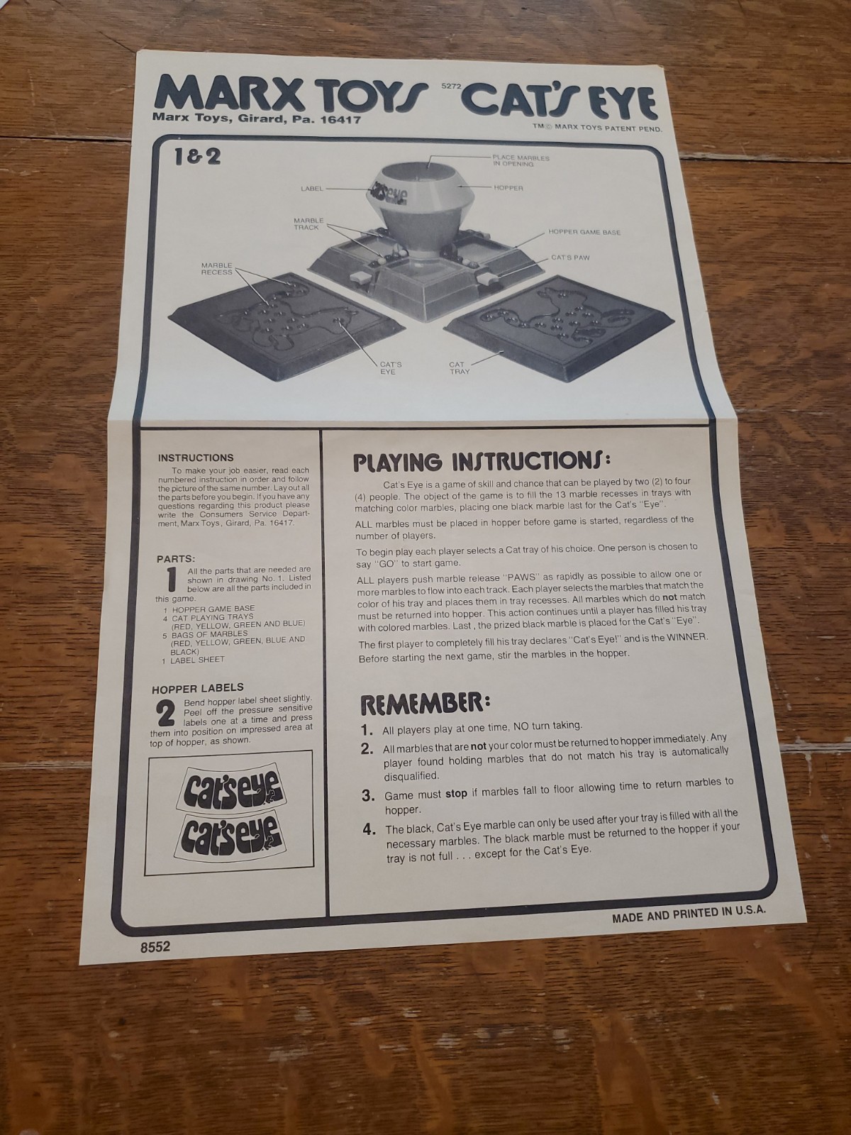 Vintage 1978 Marx Toys Cat’s Eye Game #5272 Instruction Manual Sheet ONLY