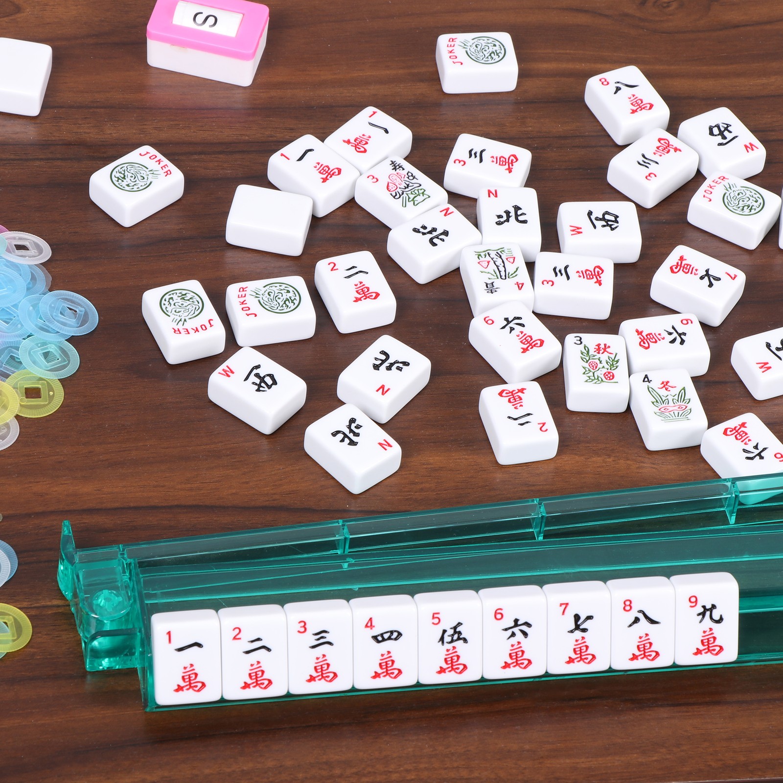 American Mahjong Set,166 Premium White Tiles 4 All-in-One Mahjong Racks/Pushers