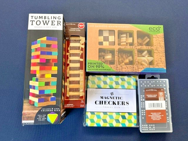 5 Games 55 Piece Dominoes, Brain Teasers, Mini Checkers, (2) Tumbling Towers