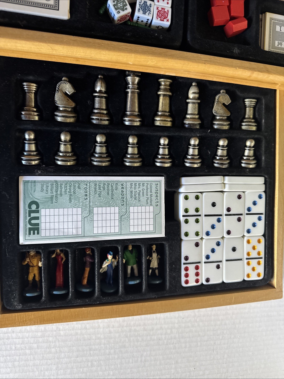 Deluxe Solid Wood Cabinet Monopoly + Clue + 6 Classic Games Chess Checkers Cards