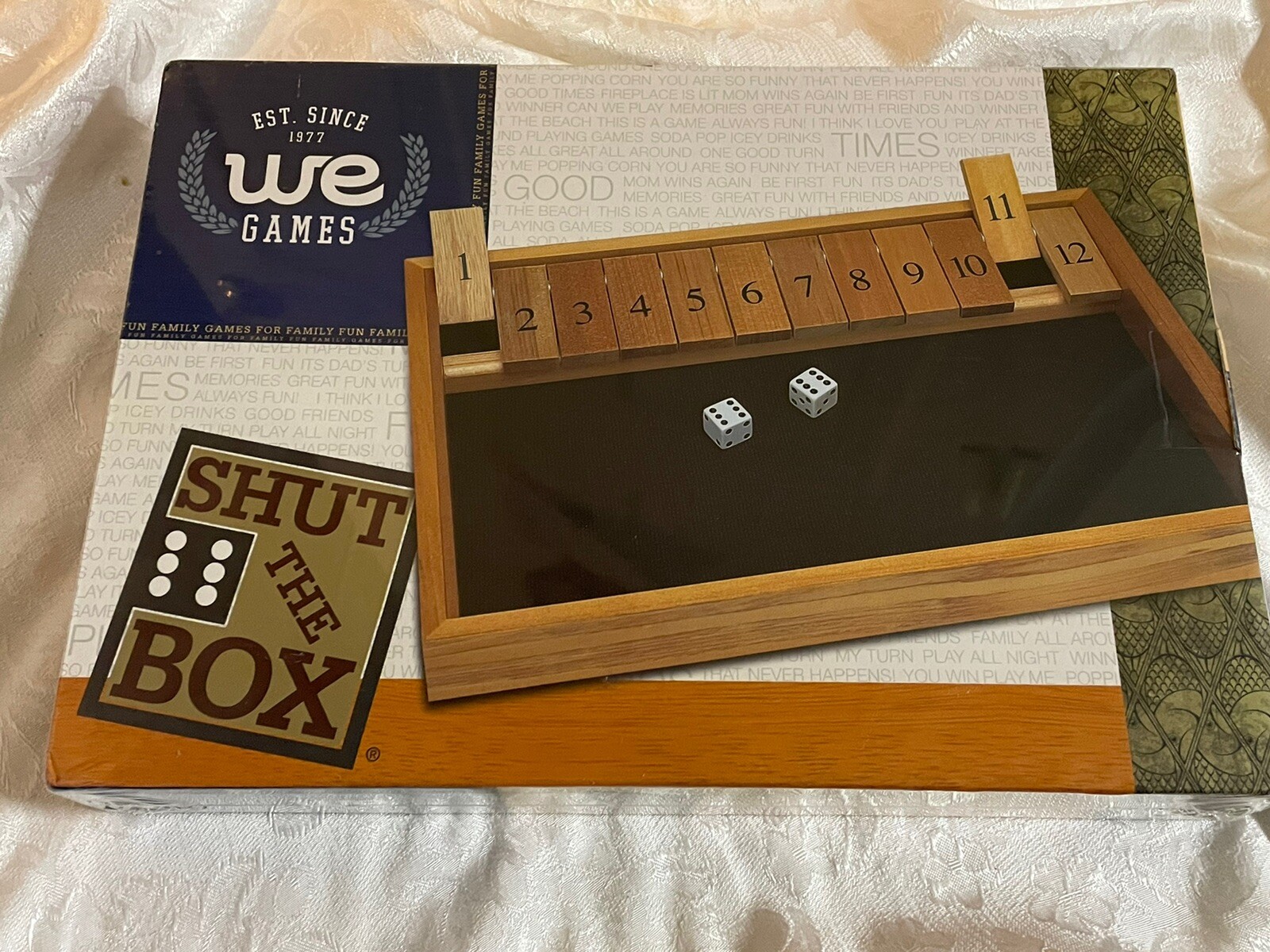 WE Games Dice Board Game 12 Number Flip Tiles Natural Wooden Box NEW NIP