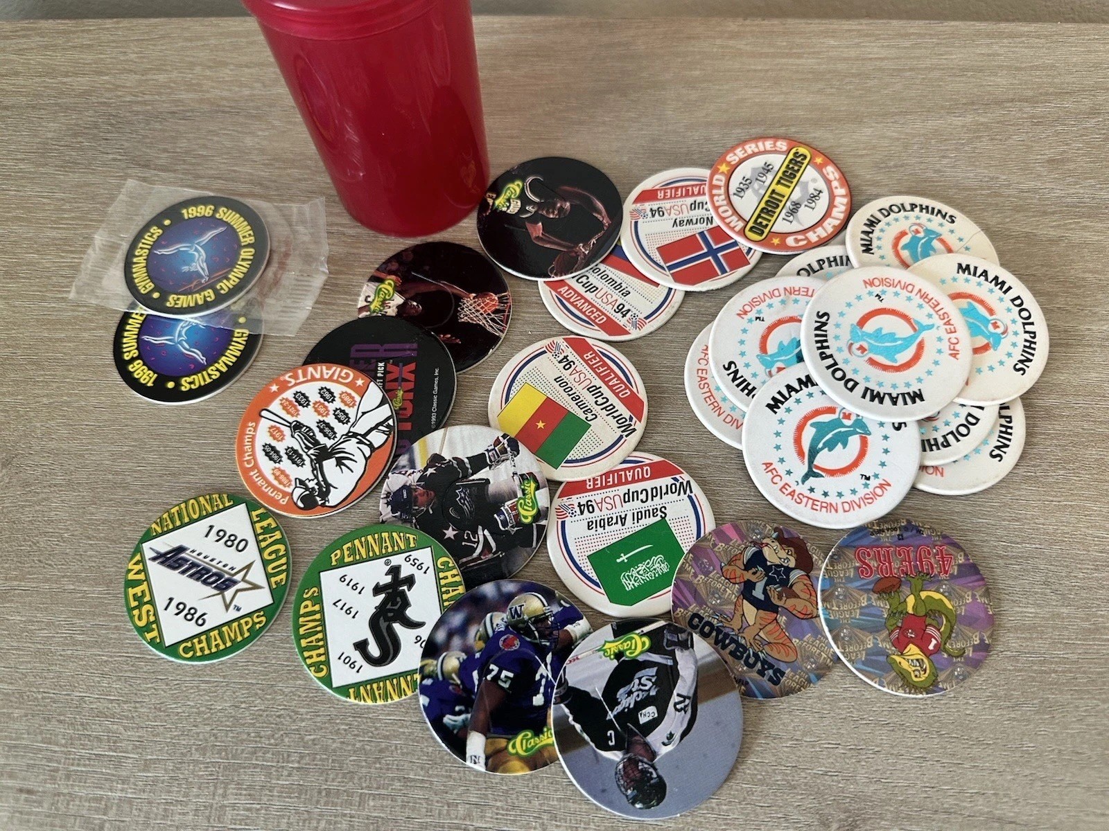 Vintage 90s Sports Pogs Lot 28 Dolphins Shaq World Cup Olympics