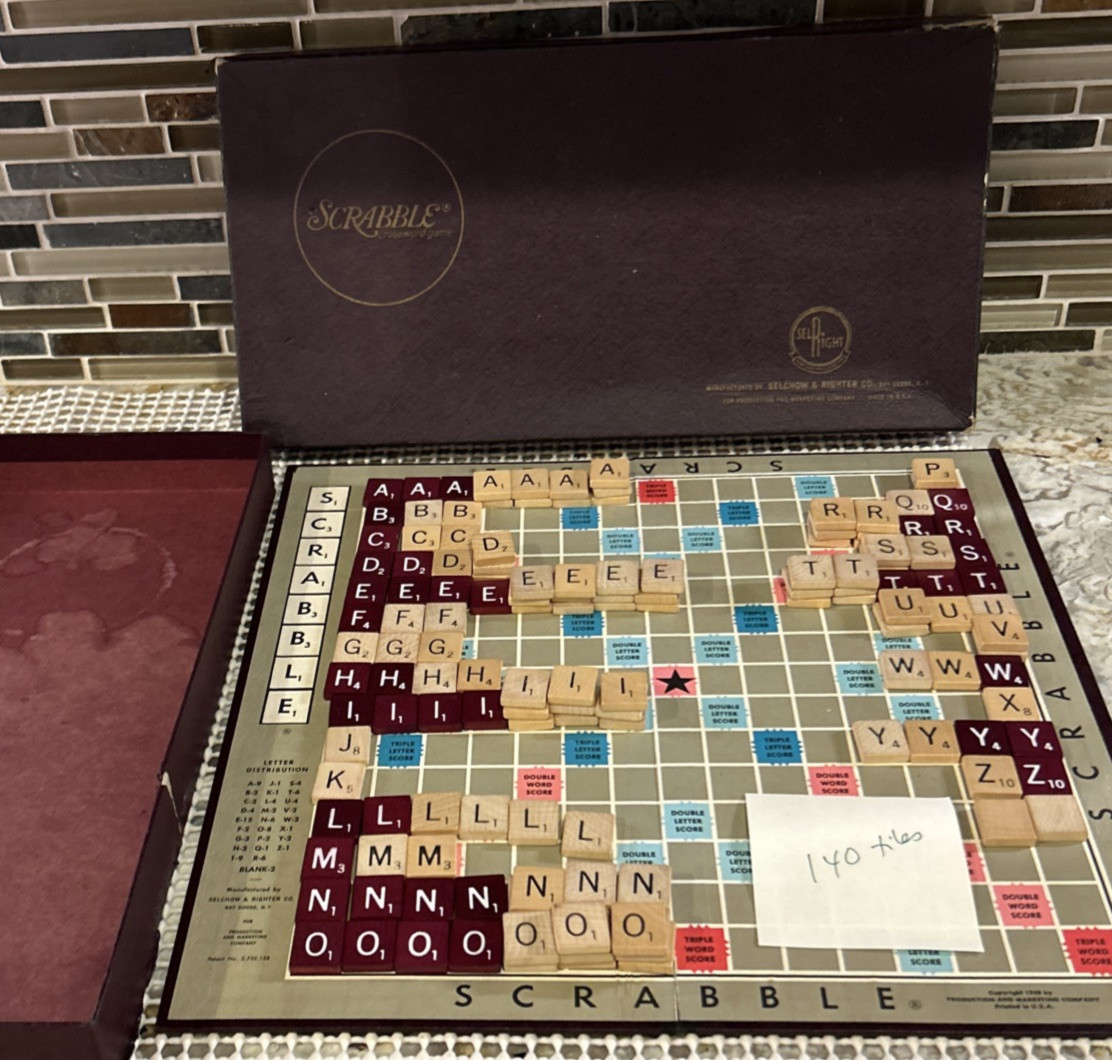 Scrabble Game SelRight 1965-70 Burgundy and Natural 140 Tiles No Racks