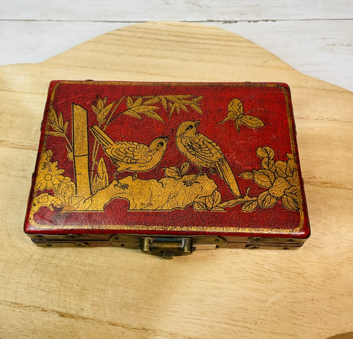 Vintage Chinese Lacquer Domino Set 28 Tiles Brass Box Birds Bamboo Asian Decor