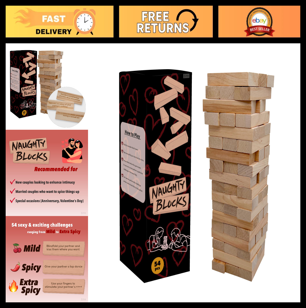 Flirty Adult Couple’s Game – 54 Intimate Challenges, Wooden Stacking Tower for D