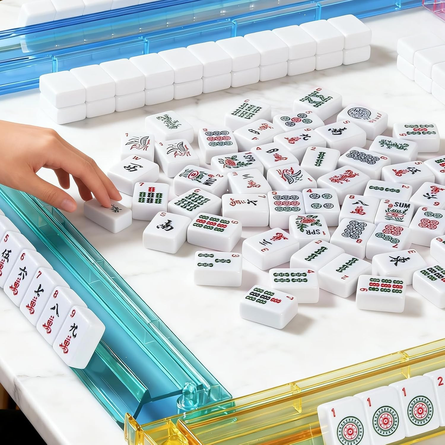 American Mahjong Tiles Set, 166 White Tiles, 4 Color Racks & Pushers, Complete W