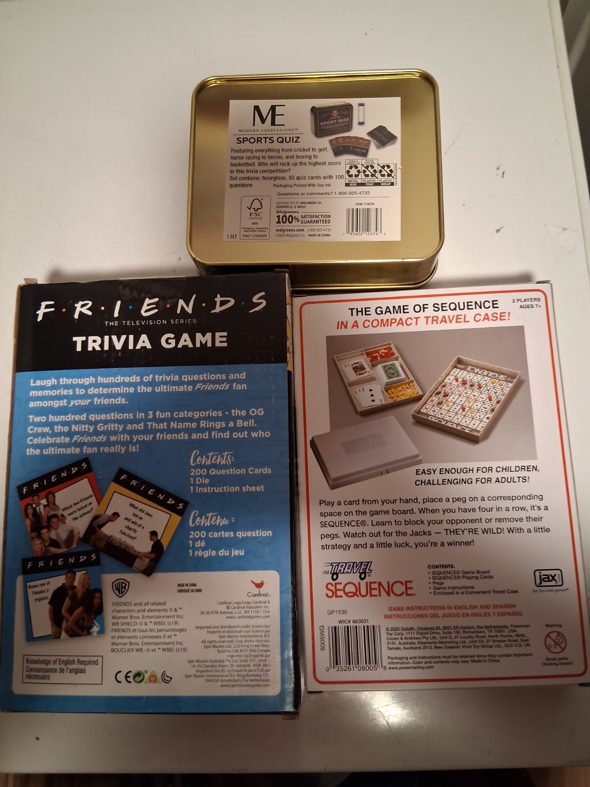 3 Games: Family & Friends Board/Card Games. New. Friends, Squence, Sports Trivia