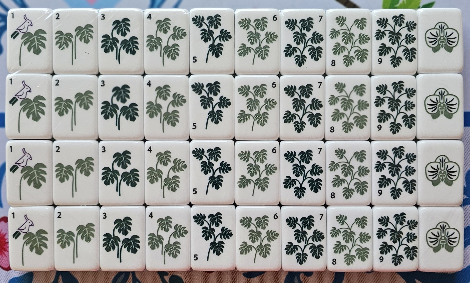 NEW! Unbranded House Plant Green Glass Backed Engraved Mahjong Tiles Set 160