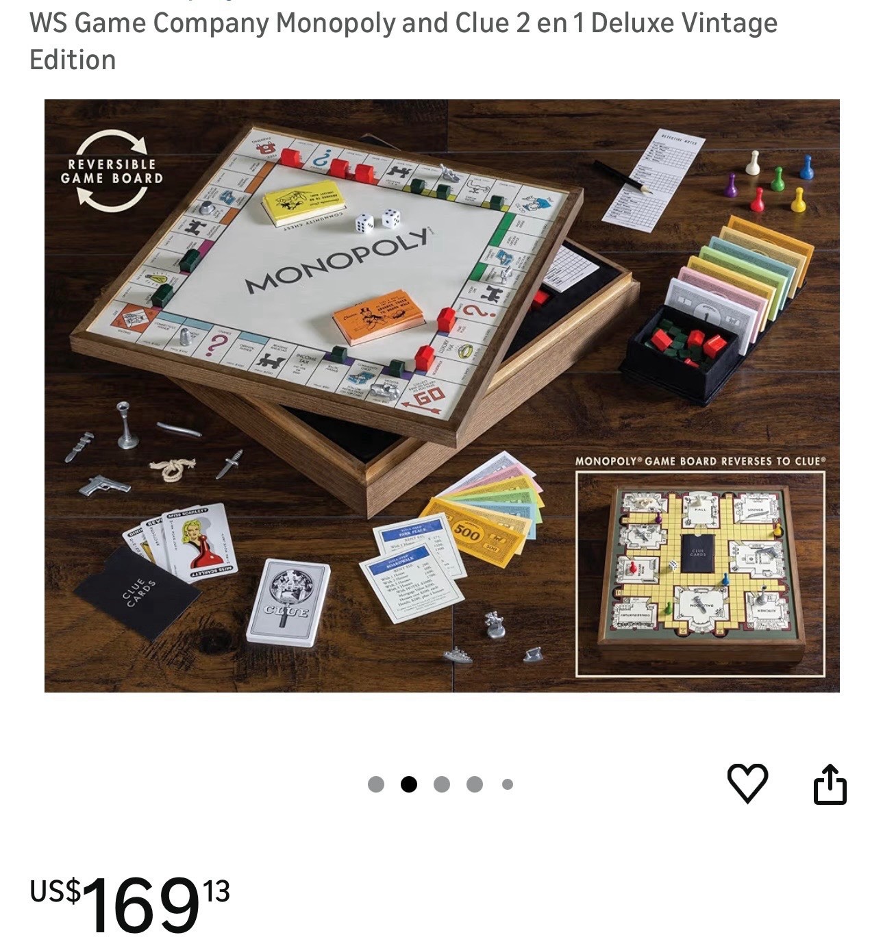 WS Game Company Monopoly & Clue Deluxe Vintage Edition Reversible Board Game Set