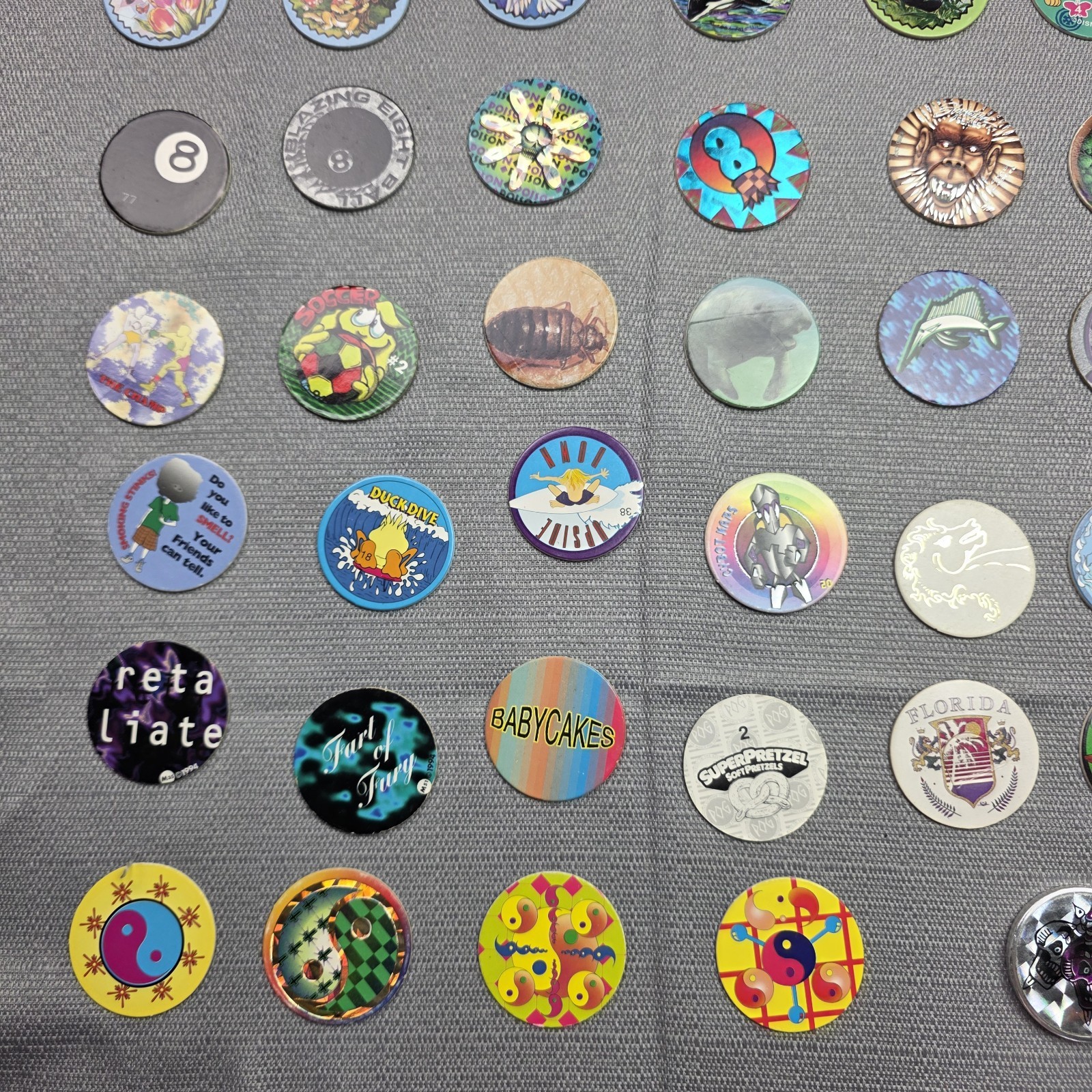 Vintage 90s POG Milk Caps Lot Of 68 Pogs + 3 Slammers + Container