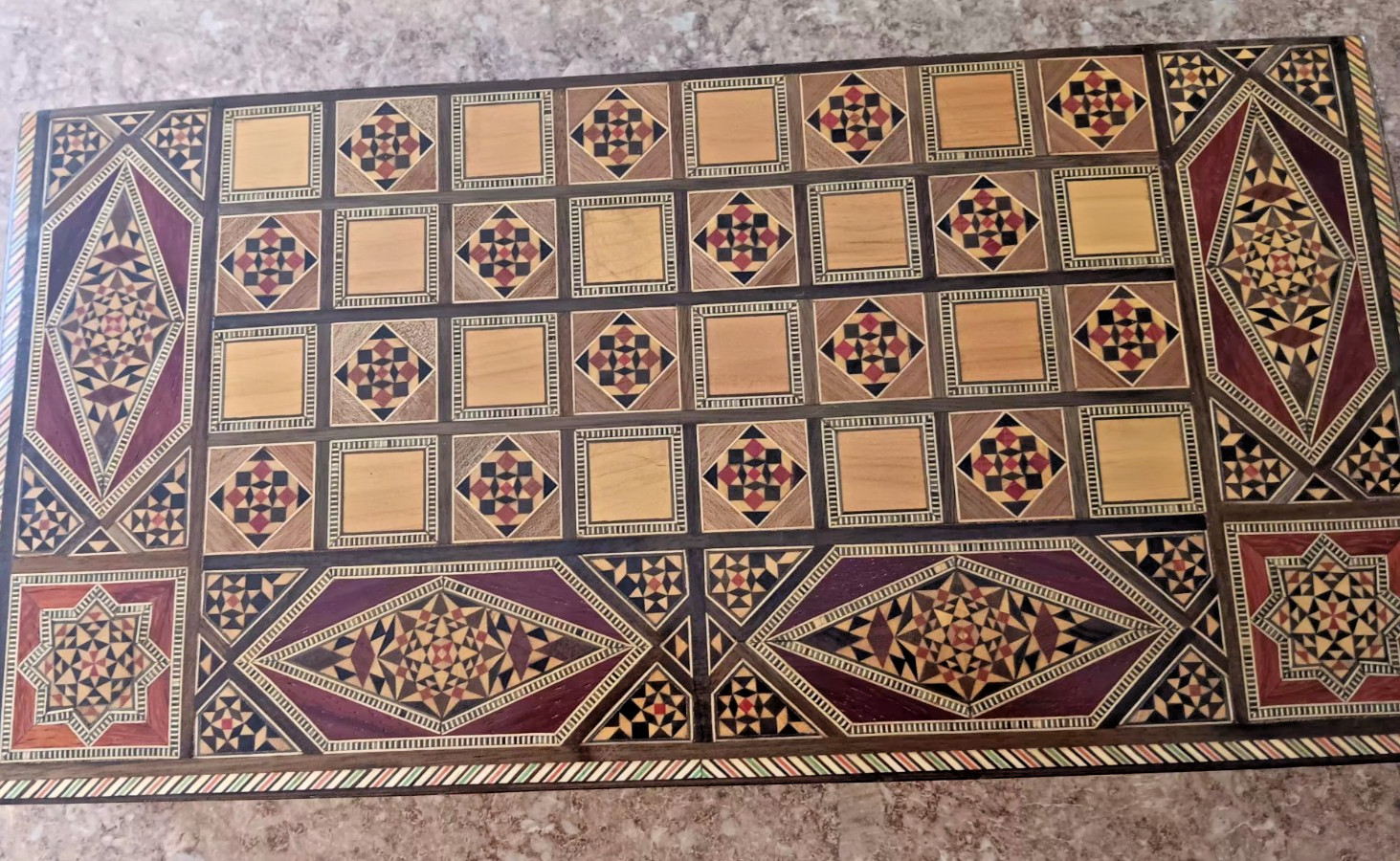 Wood Backgammon Game Box Vintage Inlaid Wood Middle Eastern Mosaic 16x8x3 inches