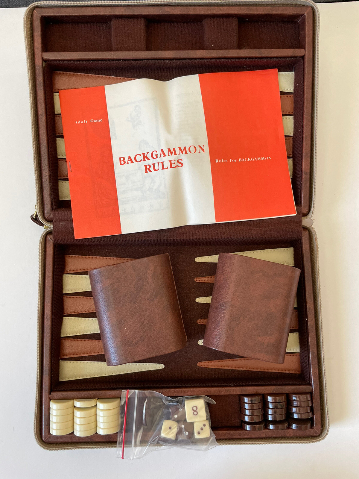 Vintage Backgammon Travel Case Set Brown Zippered Case Complete