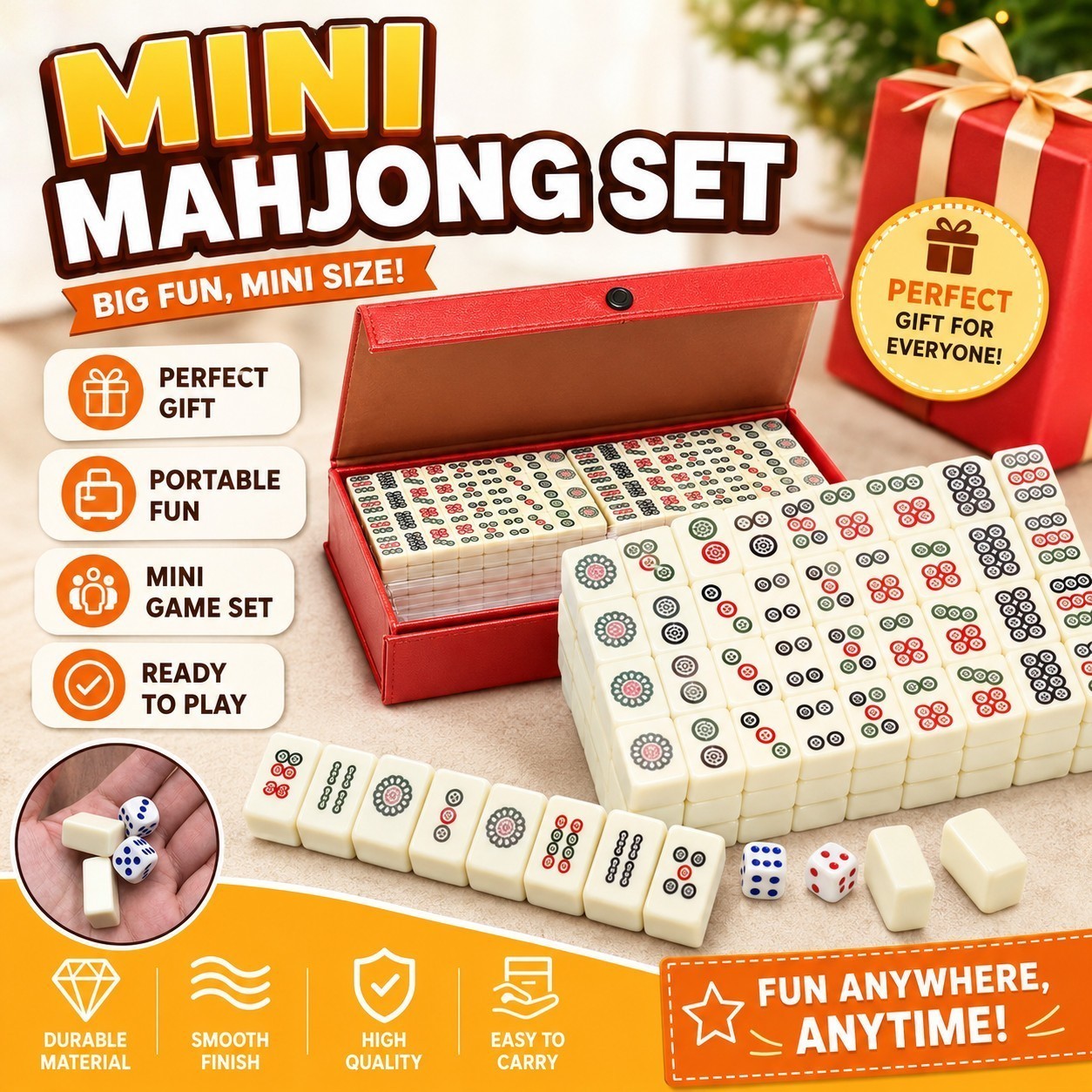Travel Mini Mahjong Set Pocket Size Tiles w/ Portable Case Dice Family Fun Game!