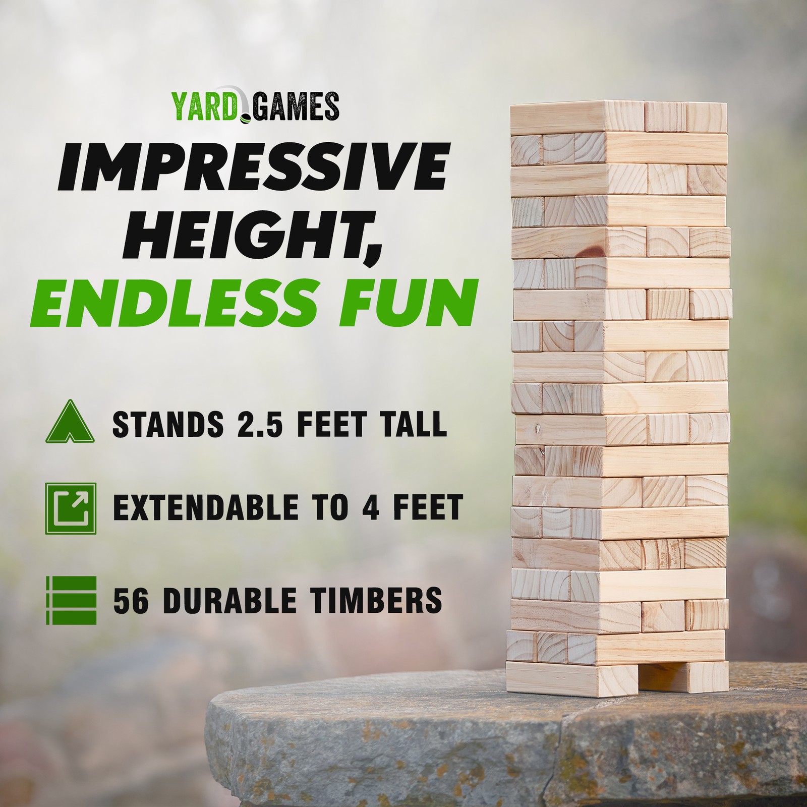 Yard Games Giant Tumbling Timbers 30″ Wood Block Stacking Game w/ Case, Natural
