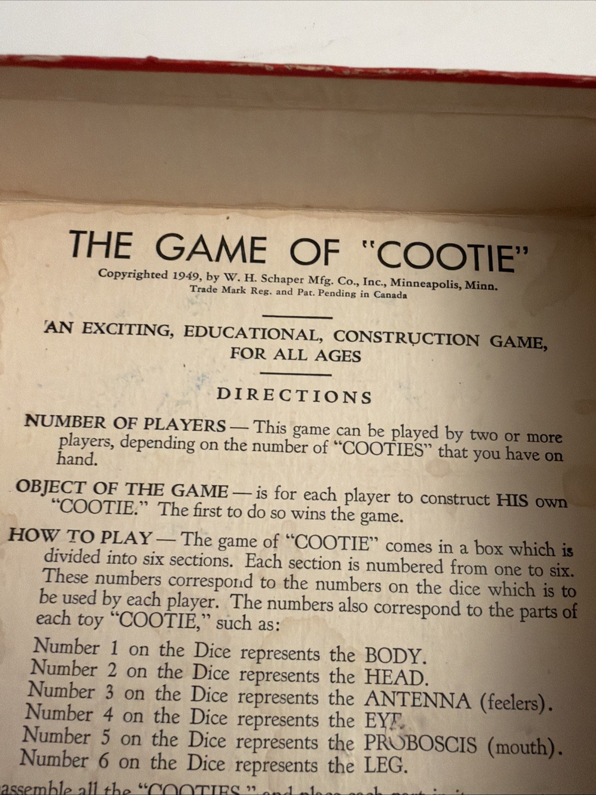 1949 ORIGINAL GAME OF COOTIE W.H. SCHAPER MFG CO. COMPLETE ALL PIECES EUC