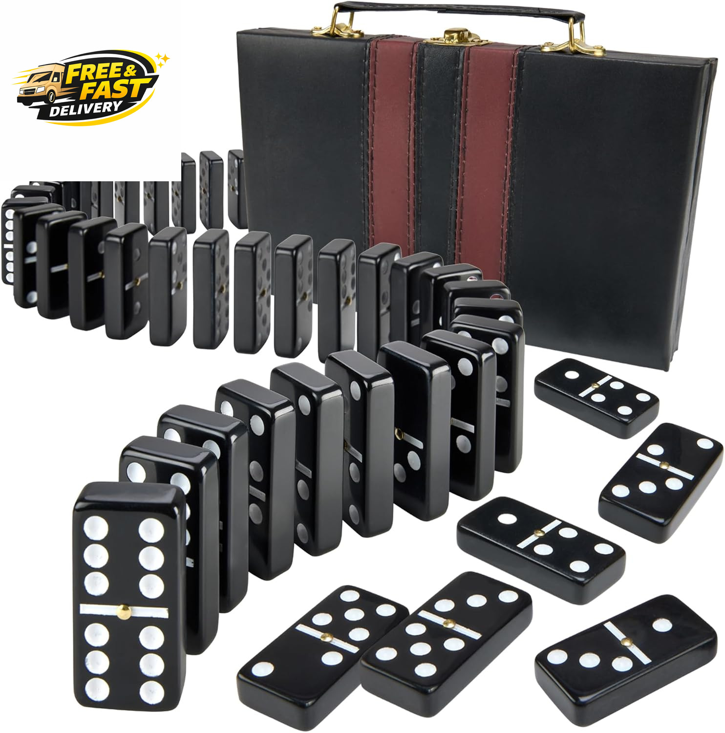 Jumbo Double Six Dominoes Set – 28 Black Classic Tiles in Faux Leather Case