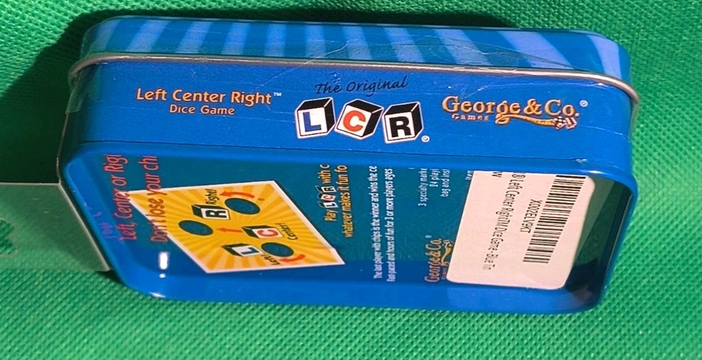 Left Center Right Dice Game Blue LCR Tin Box Family Strategy Easy NEW AND SEALED